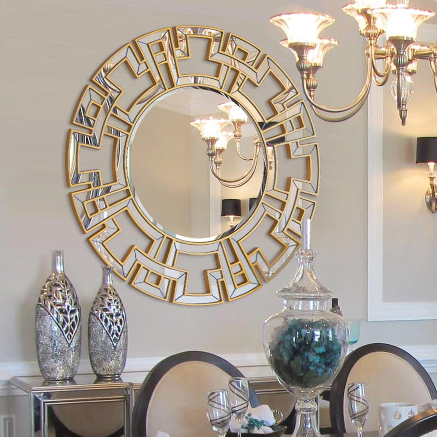 Chende Gold Mirrors for Decor, 32” Round Wall Mirror with Beveled Glass Frame, Modern Decorative Mirror with Wood Frame for Living Room, Entryway, Dining Room, Bathroom