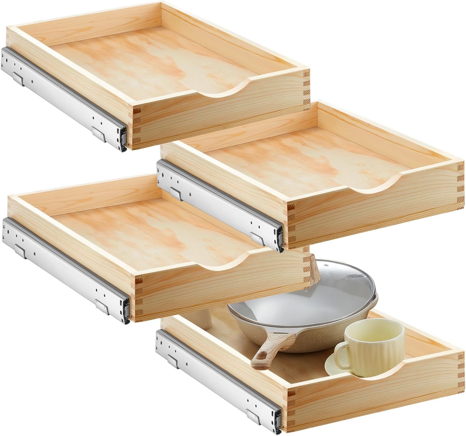 Sintuff 4 Pack Wooden Pull out Tray Cabinet Organizer Gentle Close Roll out Shelves for Kitchen Cabinets Fully Assembled Slide Pantry Shelves (15” X 21”)