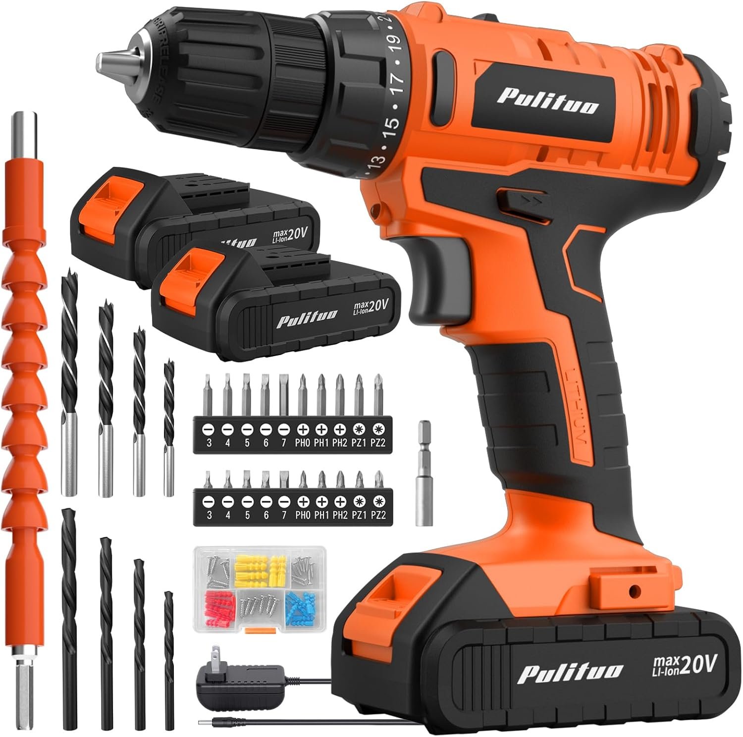 PULITUO 20V Cordless Drill/Driver, 2 Batteries Electric Screwdriver, 30Nm Power Drill Driver, 21+1 Torque, 2 Speed, 3/8″Keyless Chuck, power Drill with LED Light, Drill Driver Kit for Home (Orange)