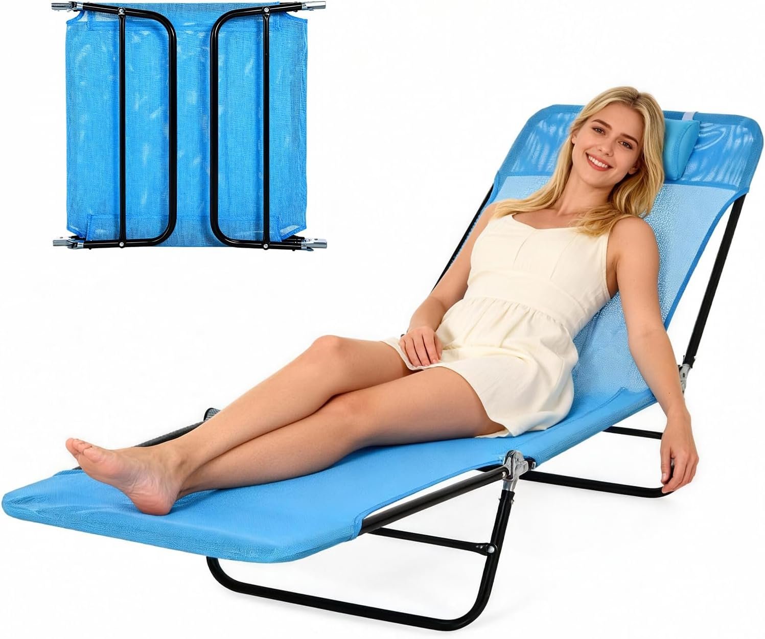 Outdoor Chaise Lounge with Detachable Pillow, Reclining Folding Chair with 5-Position Adjustable Back, Portable Tanning Chair for Beach, Pool, Lawn, Breathable Mesh Seat, No Assembly