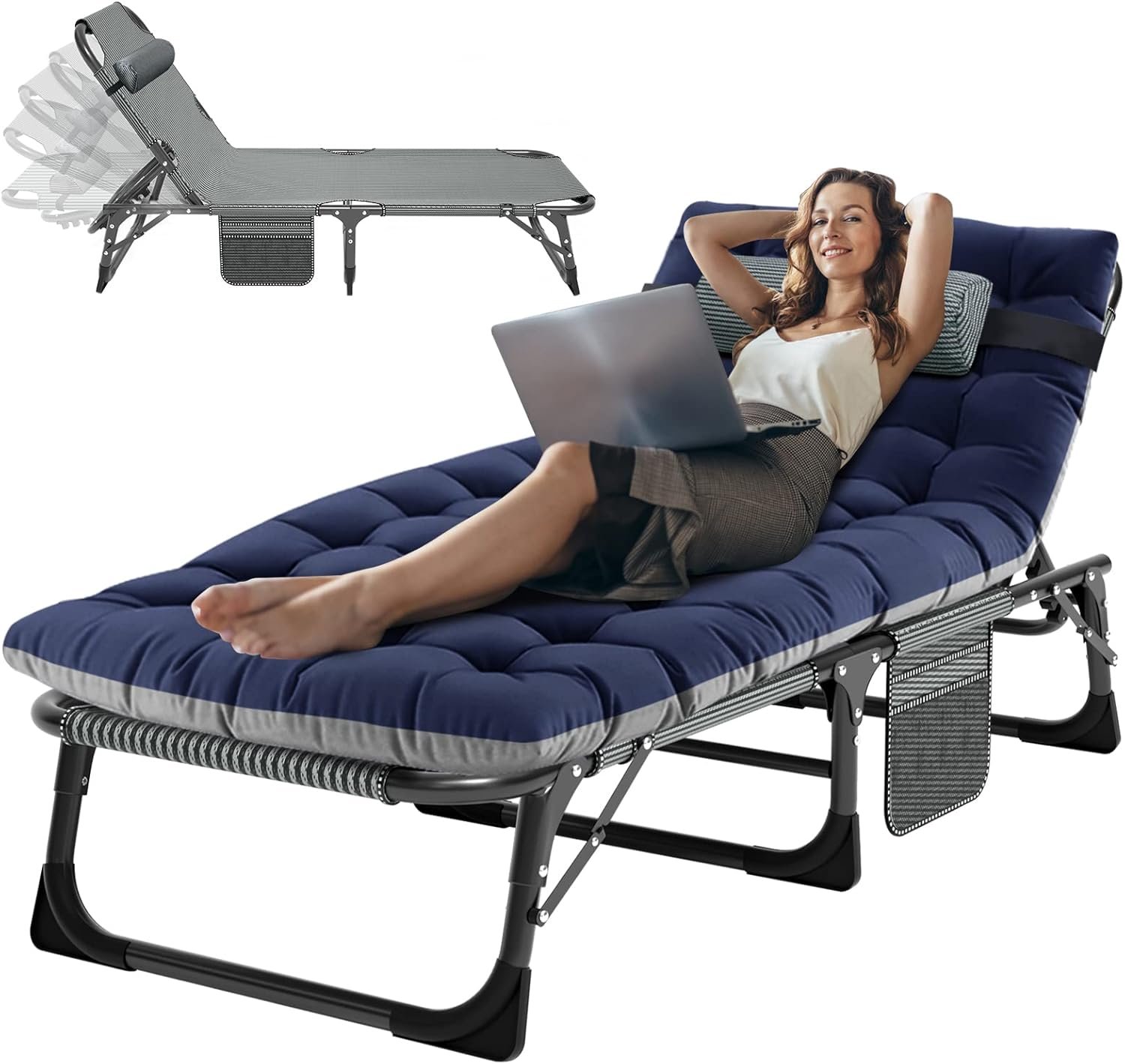 ABORON 4-in-1 Lounge Chair, Padded Cushion, Heavy-Duty 440LB 3-Fold Adjustable Recliner Chaise Chair, No Assembly for Patio, Poolside, Camping, Tanning (1, Quartz Adriatic)