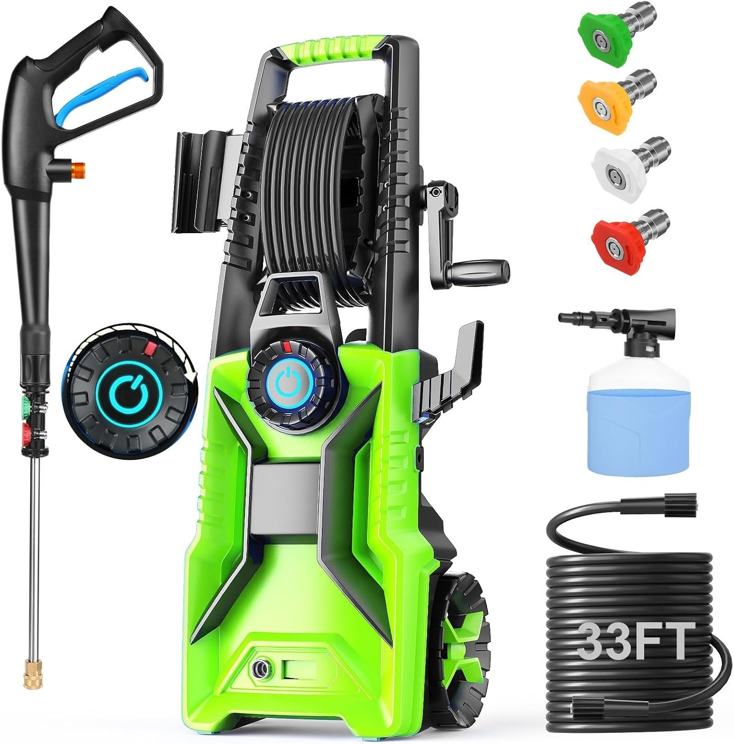Electric Pressure Washer,5000 PSI 3.9GPM Adjustable Pressure,Power Washer Electric Powered with Foam Cannon,4 Nozzle,33FT Hose and Soap Bottle for Home/Cars/Fences (Green)