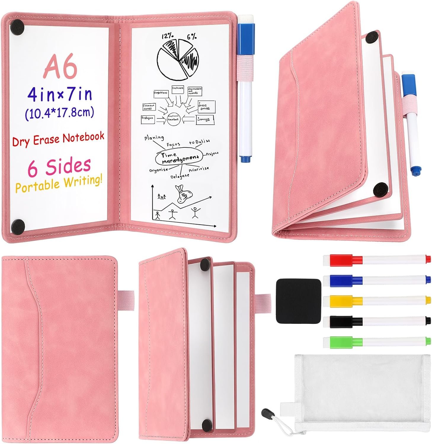 Feifeiya 6 Sides Portable Whiteboard Notebook Dry Erase 7″x4″Foldable Travel White Board, Anti-ghosting Surface, Reusable Erasable Whiteboard Notepad for Office, School, Business Meeting Planning