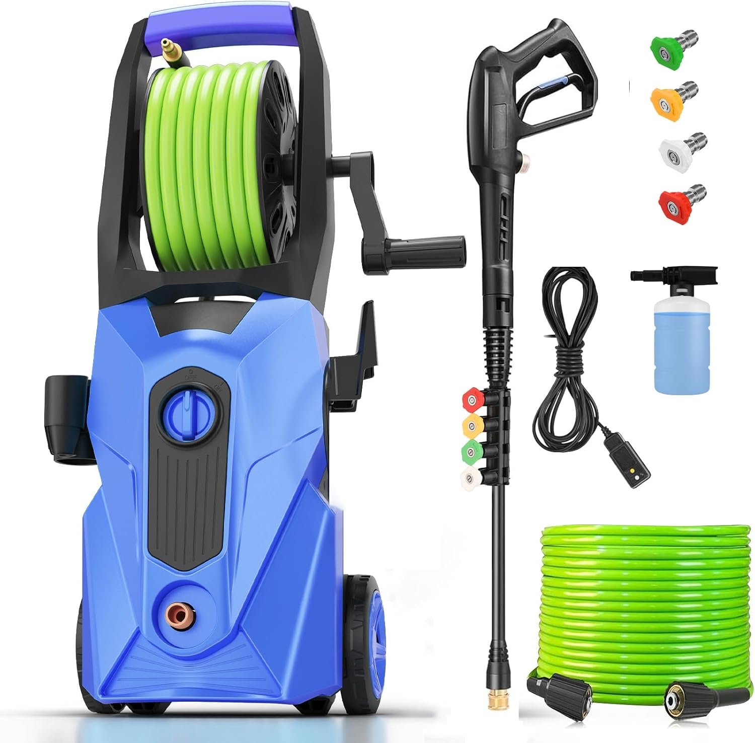 Electric Pressure Washer 5000PSI Portable with 23FT Hose Reel and 20FT GFCI Cord, 4 Nozzle Set for Home/Cars/Fences/Windows, Deep Blue