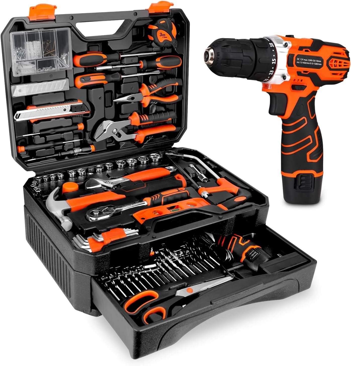 255-Piece Tool Set – Tool Kit with 12V Cordless Drill Driver, Toolbox Storage Case with Drawer, General Household Drill Set for DIY Projects, Home Repairs, Handyman