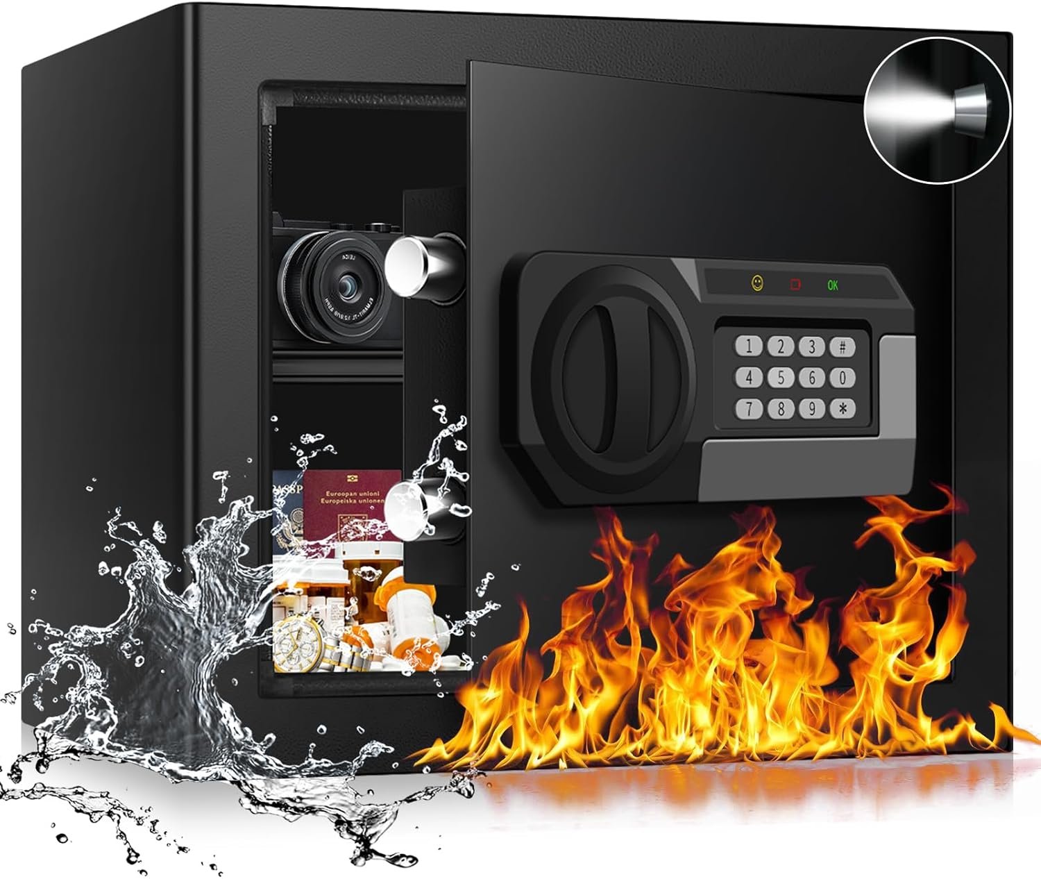 1.8 Cub Fire Proof Safe for Home Documents, Anti-Theft Digital Security Box with Electronic Keypad Lock and Spare Key, Small Safes for Home Use Fire and Water proof for Money Jewelry Valuables