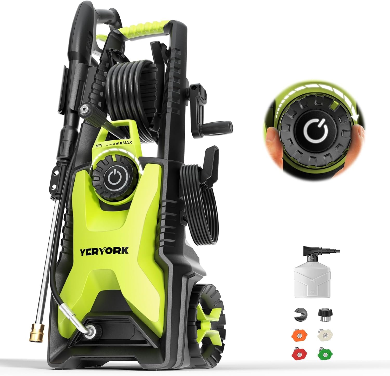 Yeryork Adjustable 5000 PSI Pressure Washer,2.5 Max GPM Power Washer with 33 FT Retractable Hose Reel, Stainless Steel Lance, 500ml Foam Cannon, 4-Nozzle Set, Washer for Cars, Fences, Patios