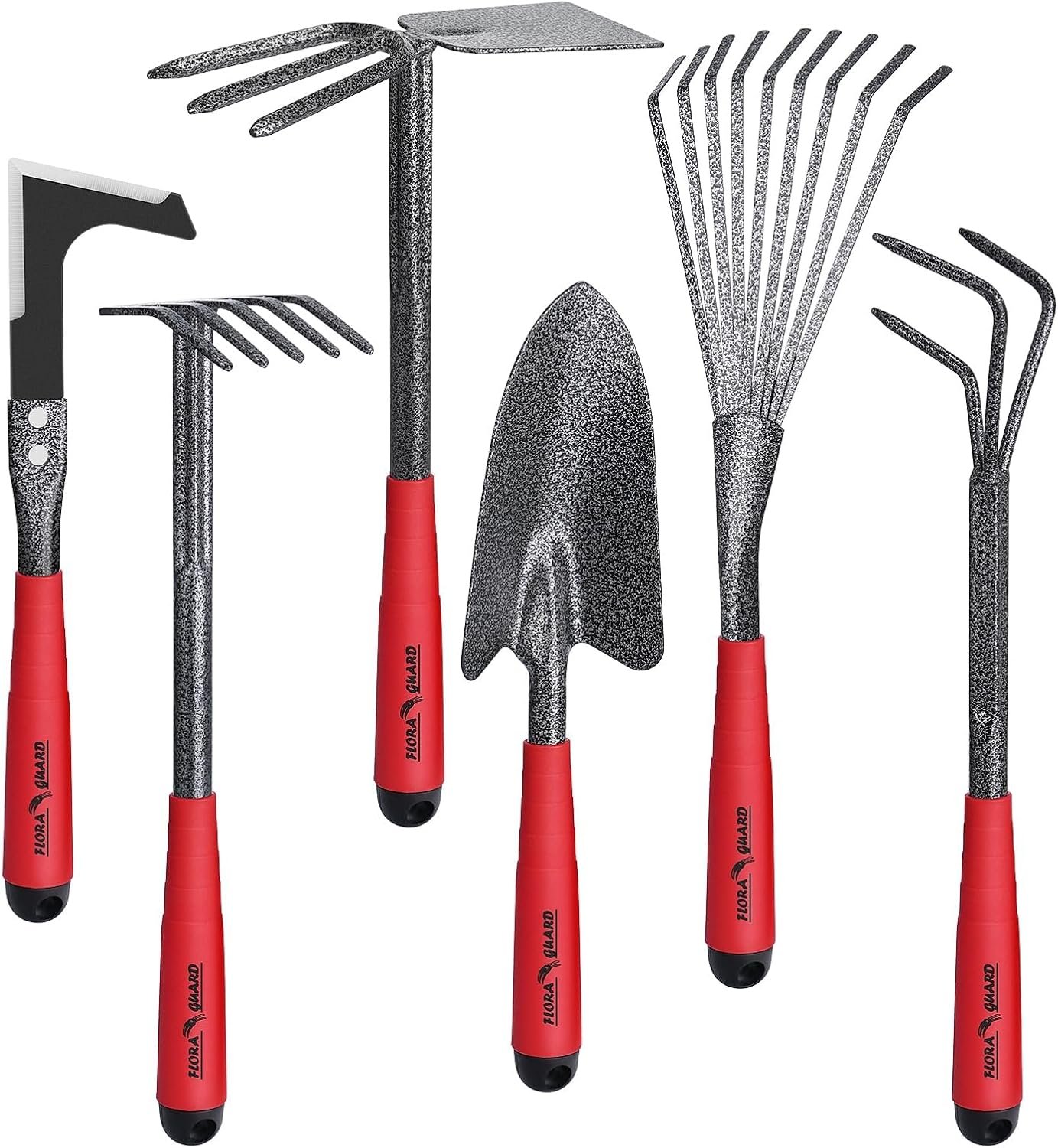 FLORA GUARD 6-Piece Garden Tool Set, Heavy Duty Gardening Hand Tools with Trowel, Rakes, Cultivator, Hoe & Crack Weeder, High Carbon Steel Yard Tools for Weeding, Planting, Digging, Gardening Gifts