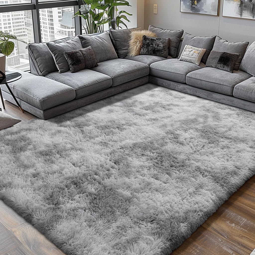 Shag Area Rugs for Bedroom Living Room,8X10 Ultra Soft Fluffy Area Rugs for Dorm, Indoor Carpet Nursery Rugs for Kids Girls Room Home Decor,Tie-Dye Grey