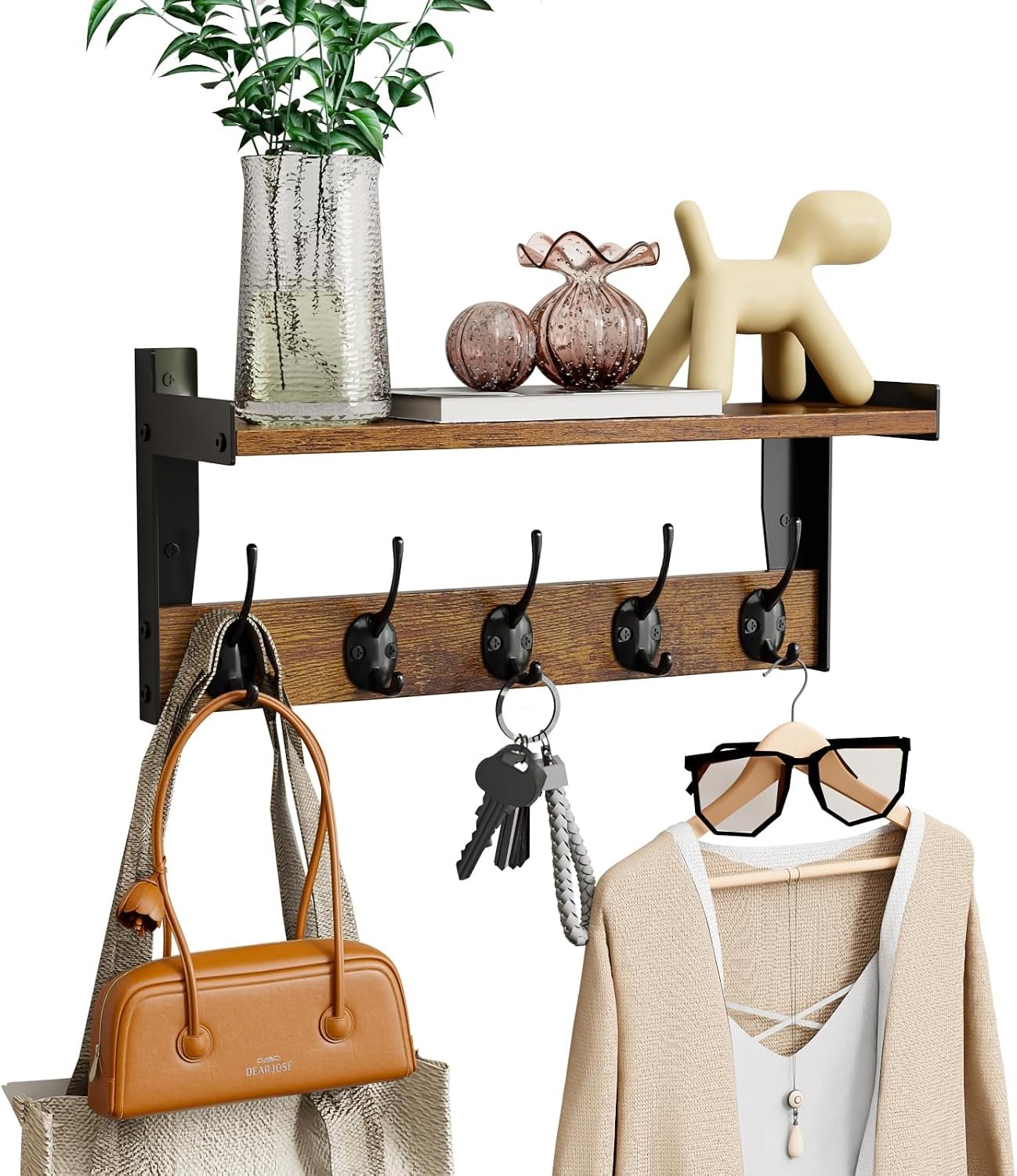 Wall Hooks with Shelf, Wood Coat Rack with Shelf Wall-Mounted, Entryway Hanging Shelves with 5 Metal Hooks for Clothes Hats Towel Purse Robes, Bathroom Mudroom Bedroom, Rustic Brown