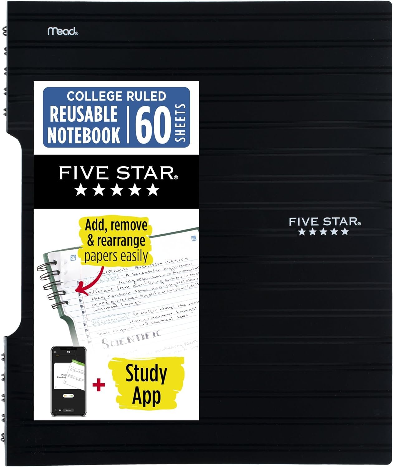 Five Star Reusable Spiral Notebook + Study App, 9″ x 11″ Notebook with 60 College Ruled Sheets, Black (820476A)