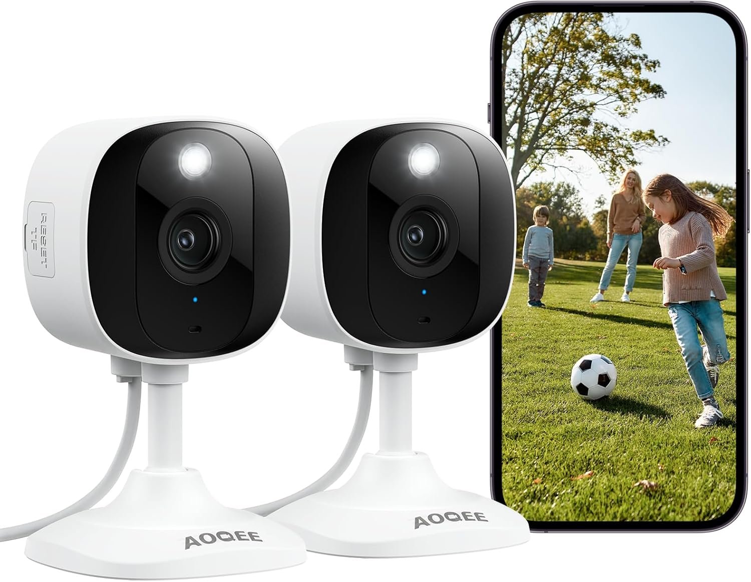 AOQEE 2K Cameras for Home Security-Outdoor/Indoor Camera for Dog/Cat/Pet/Nanny/Baby/Elderly, Color Night Vision, White Light, Siren, 24/7 SD Recordings, Works with Alexa, Plug in (C1-White-2pack-2.4G)