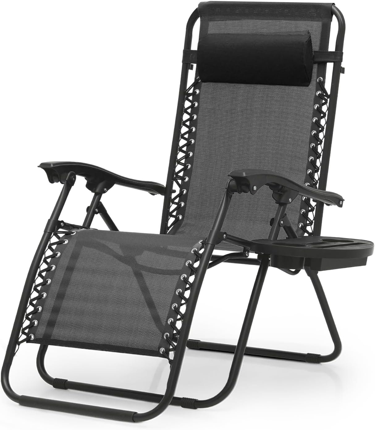 Magshion Zero Gravity Lounge Chair, Adjustable Folding Recliner with Cup Holder Side Tray & Removable Headrest Pillow, Portable Outdoor Patio Lounger for Camping, Beach, Lawn, Backyard, Black