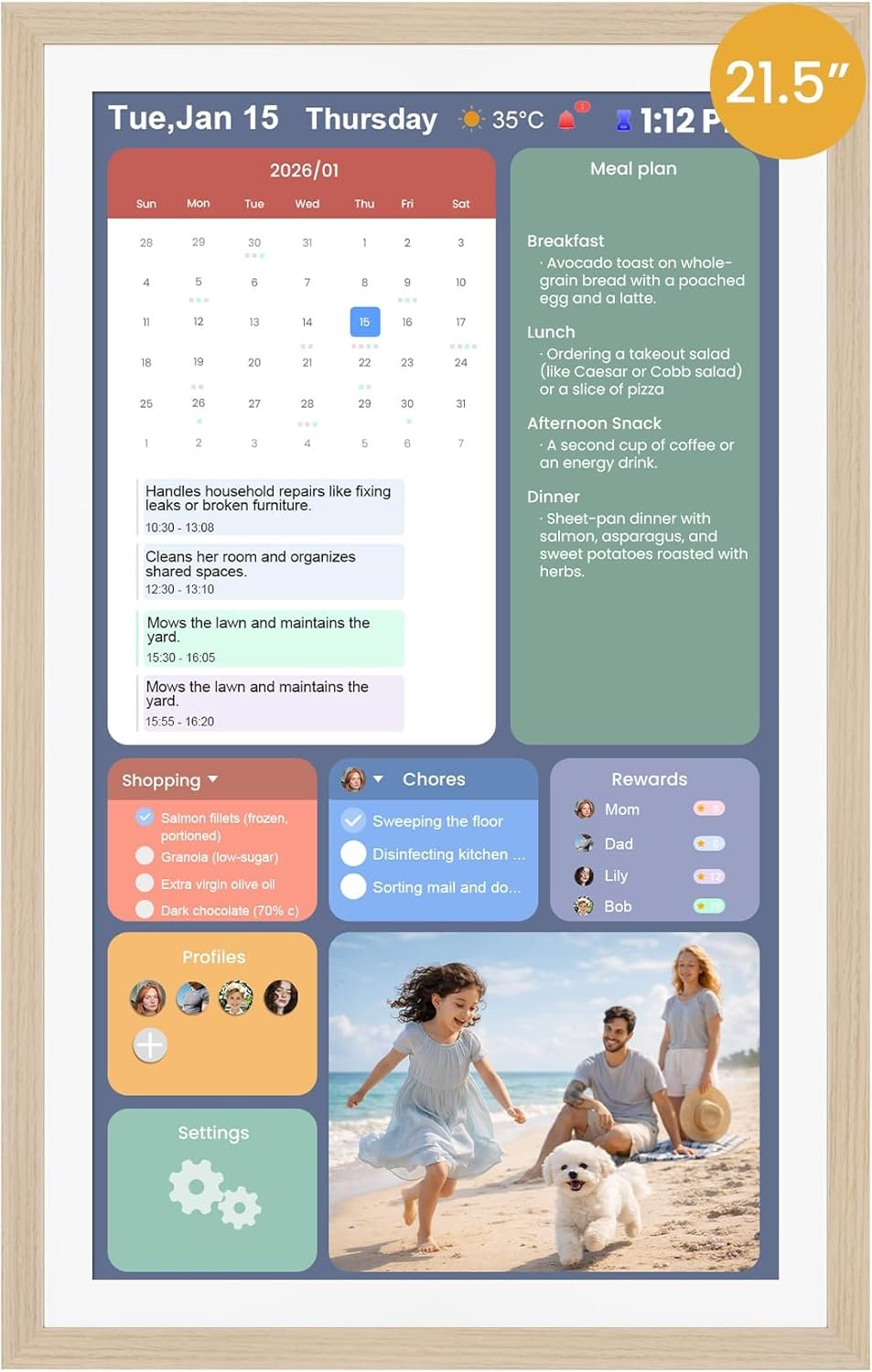21.5-Inch Smart Digital Calendar & Photo Frame for Family, Wood Frame Large Wall Planner with Auto-Sync to Apple, Google & Outlook, Touchscreen Display with Chore Chart, To-Do Lists & Meal Planner, No Subscription