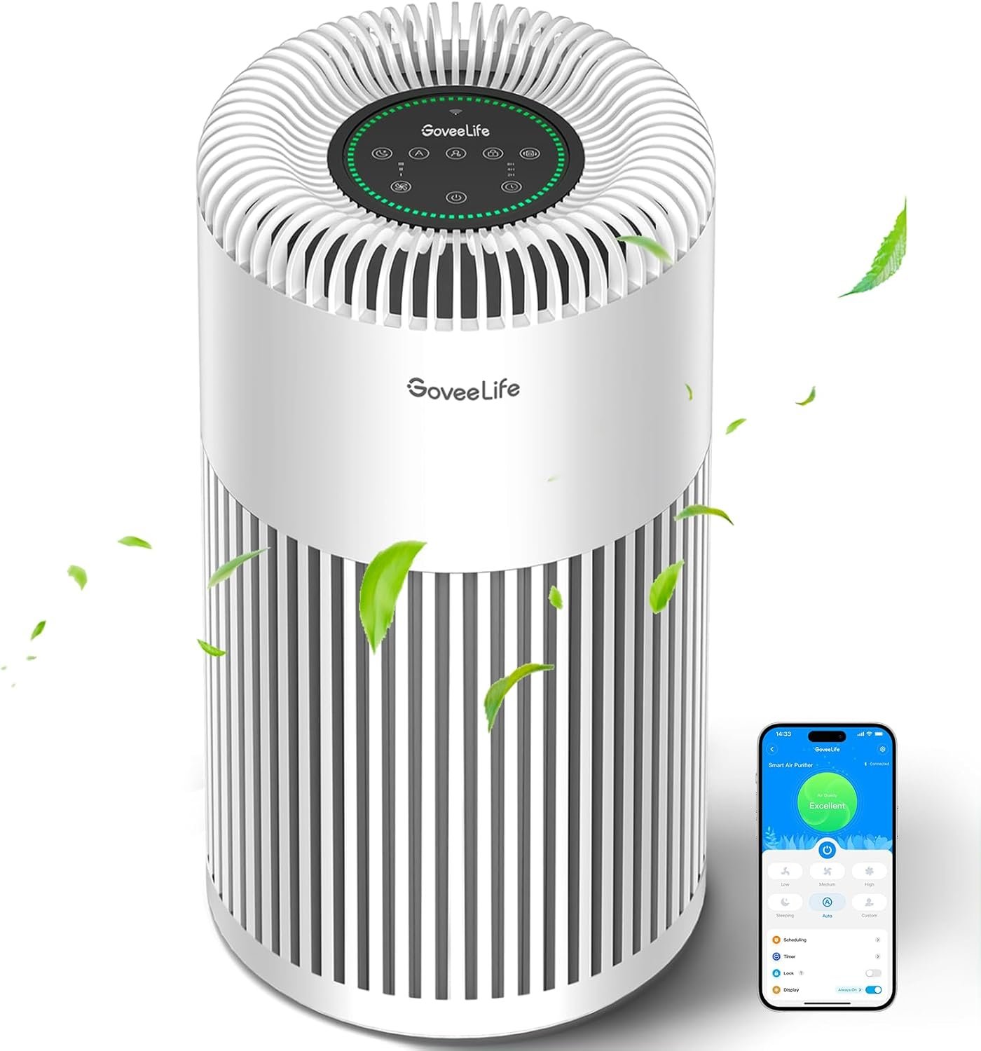 GoveeLife Smart Air Purifier for Home Large Room Up to 1524 sq.ft. | Integrated PM 2.5 Air Quality Sensor,WiFi, with Washable Filter for Smoke, Wildfire, Pet Hair,24dB, White