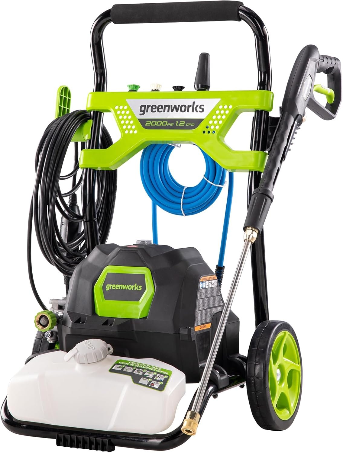 Greenworks 2000 PSI (1.2 GPM) Electric Pressure Washer (25°, 40°, Soap, and Turbo Nozzle) For Use On Decks, Fences, Concrete Patios, Sidewalks & More. Medium-Duty