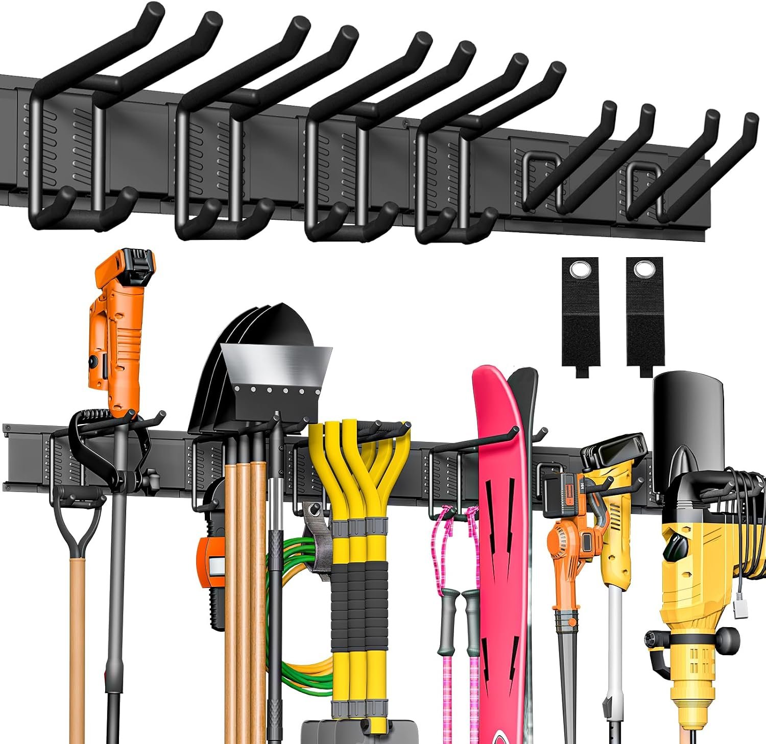 Garage Tool Organizer Wall Mount, 48″ Heavy-Duty Metal Wall Organizer, 3 Rails with 6 Adjustable Hooks, Garden Storage Rack for Organization Sturdy Tool Hanging Holder for Shovel Shed Yard