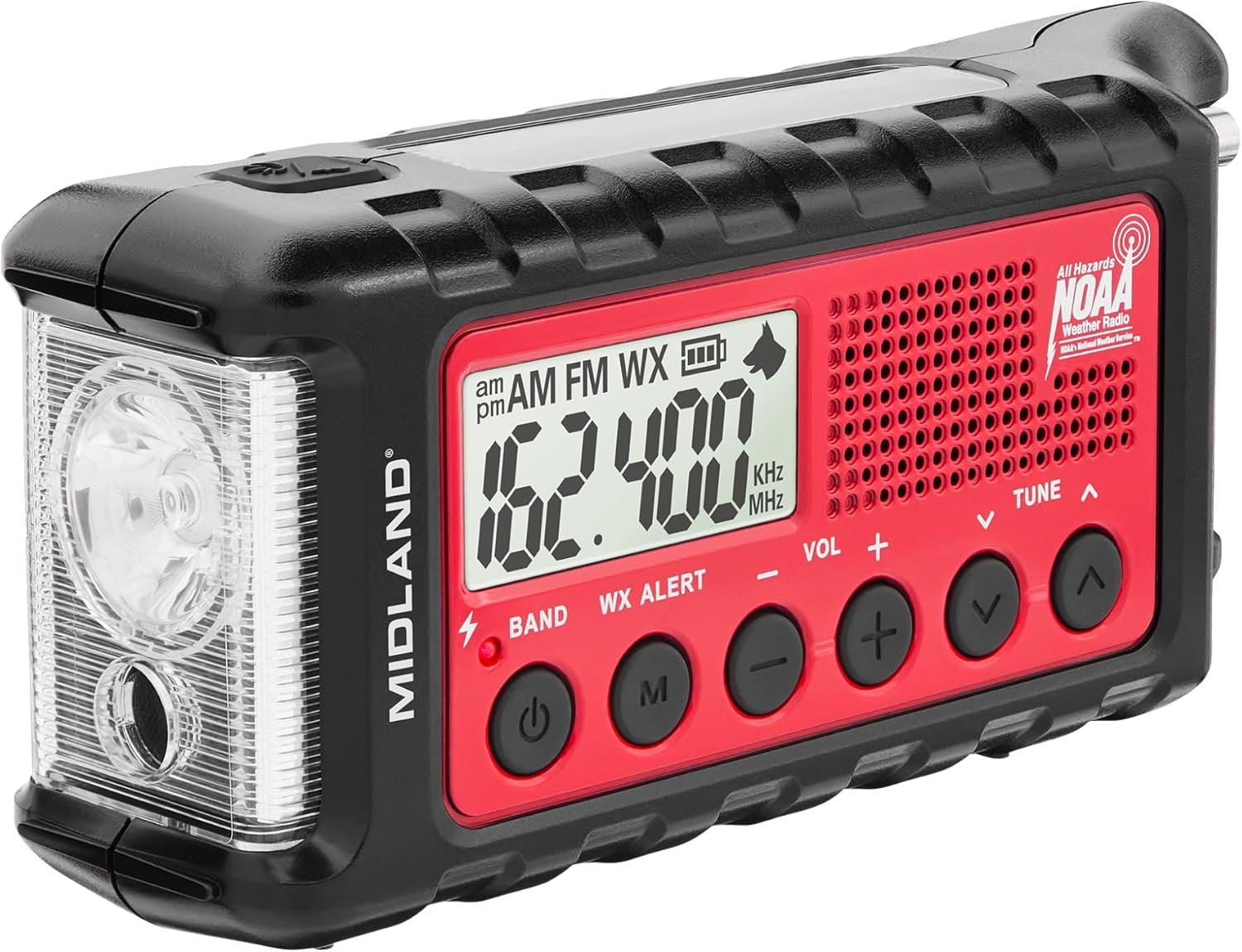 Midland – ER310, Emergency Crank Weather AM/FM Radio – Multiple Power Sources, SOS Emergency Flashlight, Ultrasonic Dog Whistle, & NOAA Weather Scan + Alert (Red/Black)