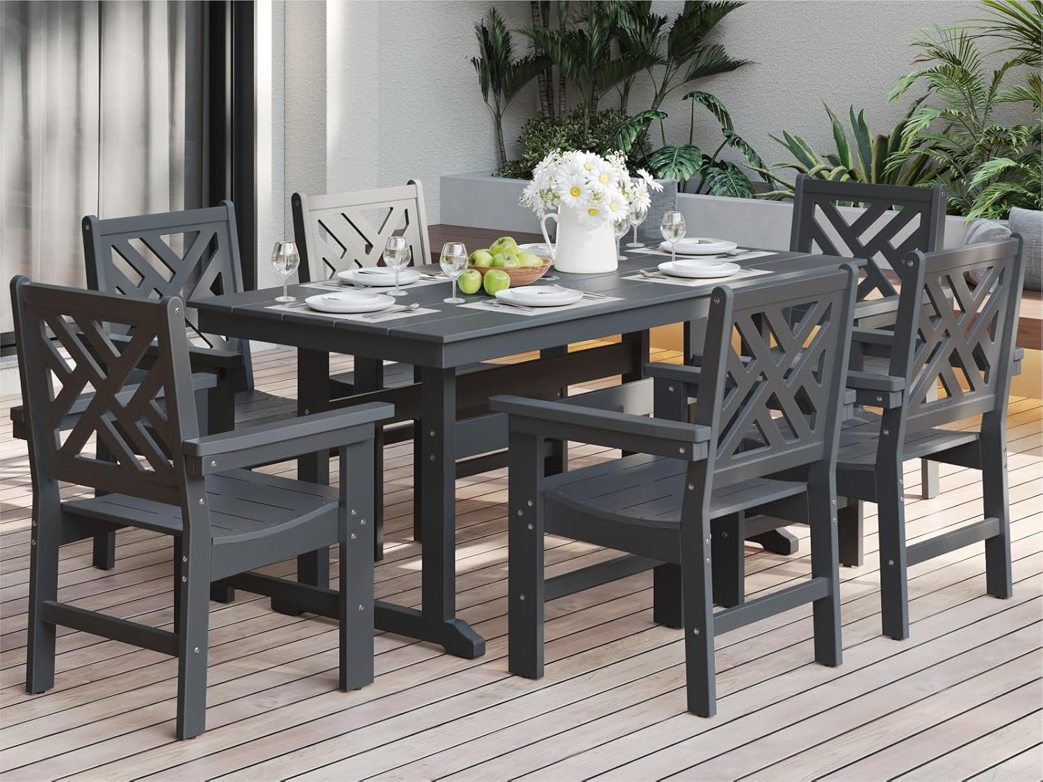 7-Piece Outdoor Dining Set, HDPE All-Weather Patio Table and Chairs Set for 6, Outdoor Patio Furniture Sets with Umbrella Hole for Outside, Deck, Backyard, Garden (Black)