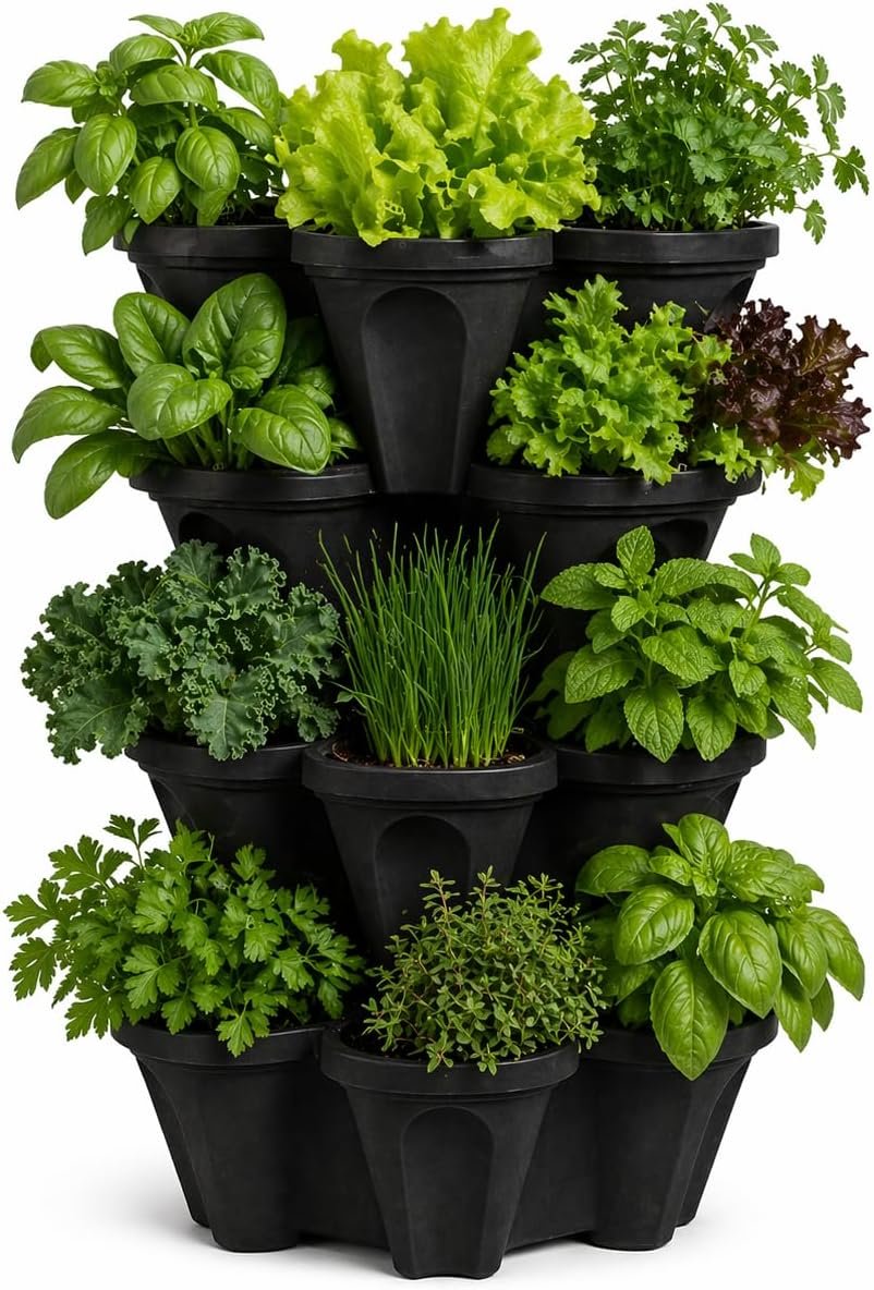 Vertical Garden Planter 4 Tier Stackable System 16 Plants, Space Saving Herb, Strawberry & Food Crop Planter with Center Support Hole for Indoor Outdoor Gardening (4, Midnight Black, Small)