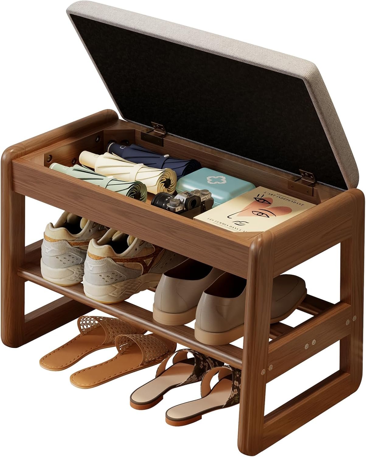 AQIMUELE Shoe Rack Bench,2 Tiers Shoe Bench with Storage with Flip-Top,Wood Shoe Rack for Entryway,Hallway（Walnut Upholstered Seat,11.8″ D x 23.62″ W x 15.7″ H）