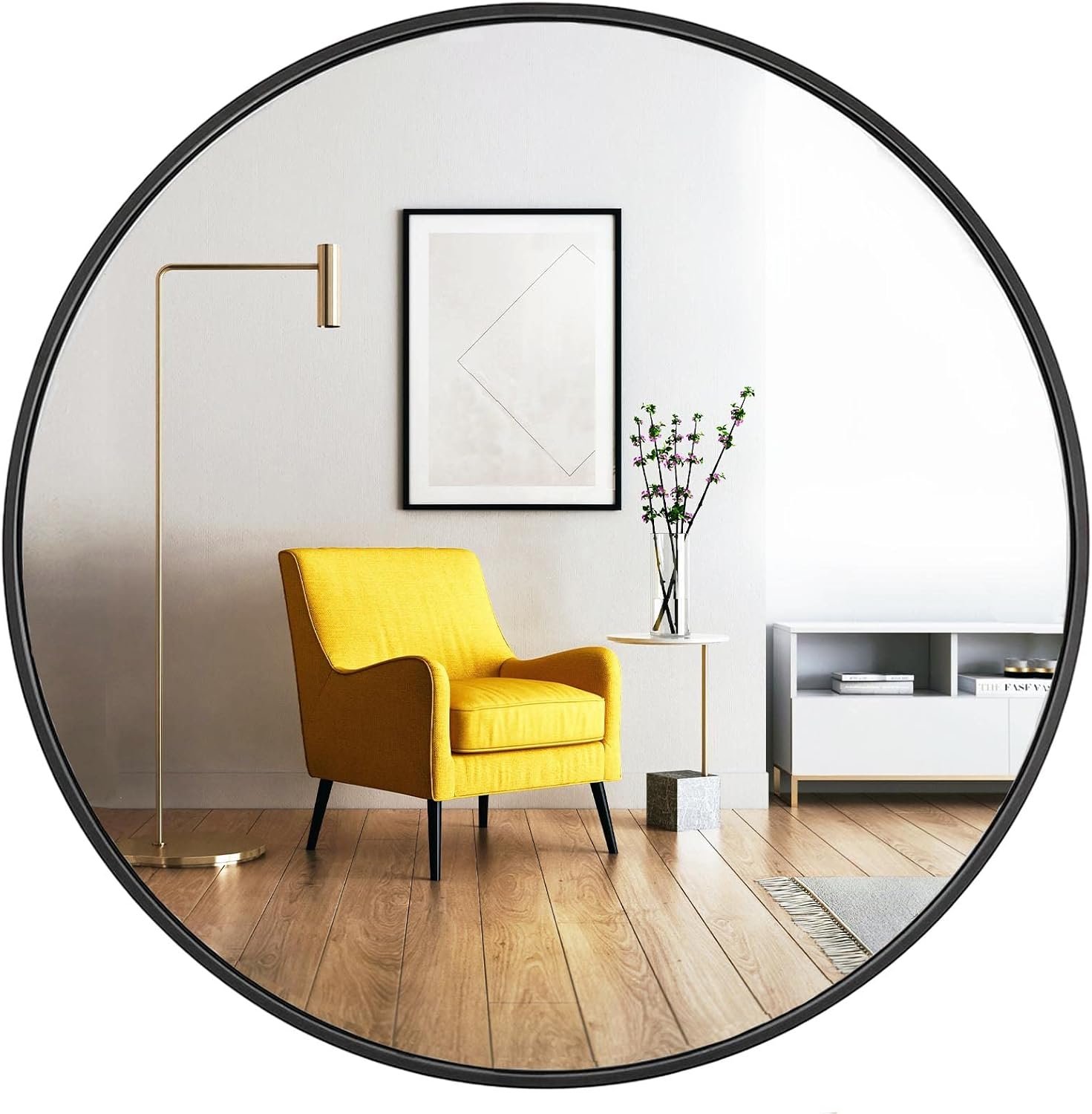 Oruii Round Mirror, Black Round Mirror 24 inch, Circle Wall Mirrors Metal Frame, Black Circular Mirrors for Bathroom, Wall, Living Room, Entryway, Hallway, Vanity, Rustic