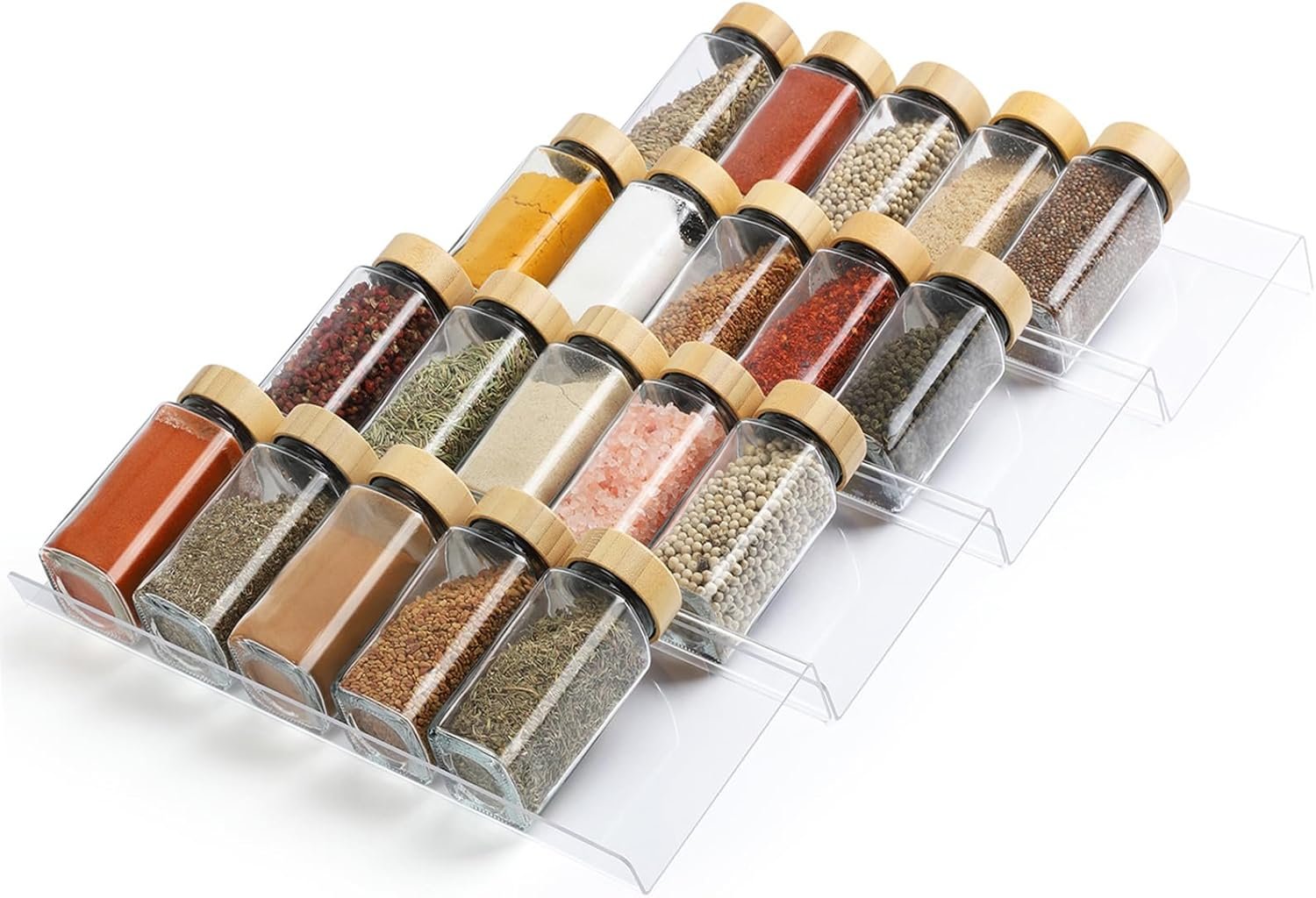 Suneerplay Spice Drawer Organizer 4 Tier, Acrylic Seasoning Organizer Rack, Clear Spice Rack Tray, Kitchen Seasoning Jars Drawers Insert (Jars Not Included/Expandable From 9″ to 18″)