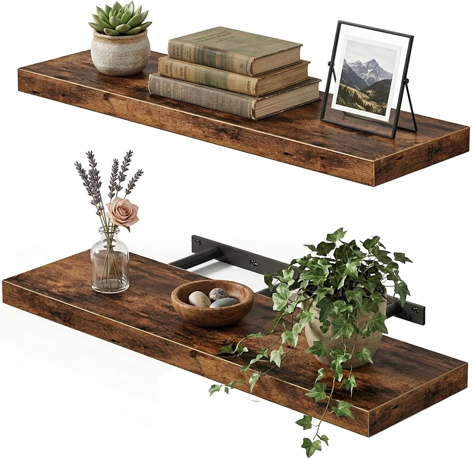 Fixwal Wood Floating Shelves for Wall, 22″ Long Wall Mounted Shelves for Living Room, Bedroom, Bathroom and Kitchen, Wall Shelves for Storage, Books, Room Decor (Rustic Brown, Set of 2)