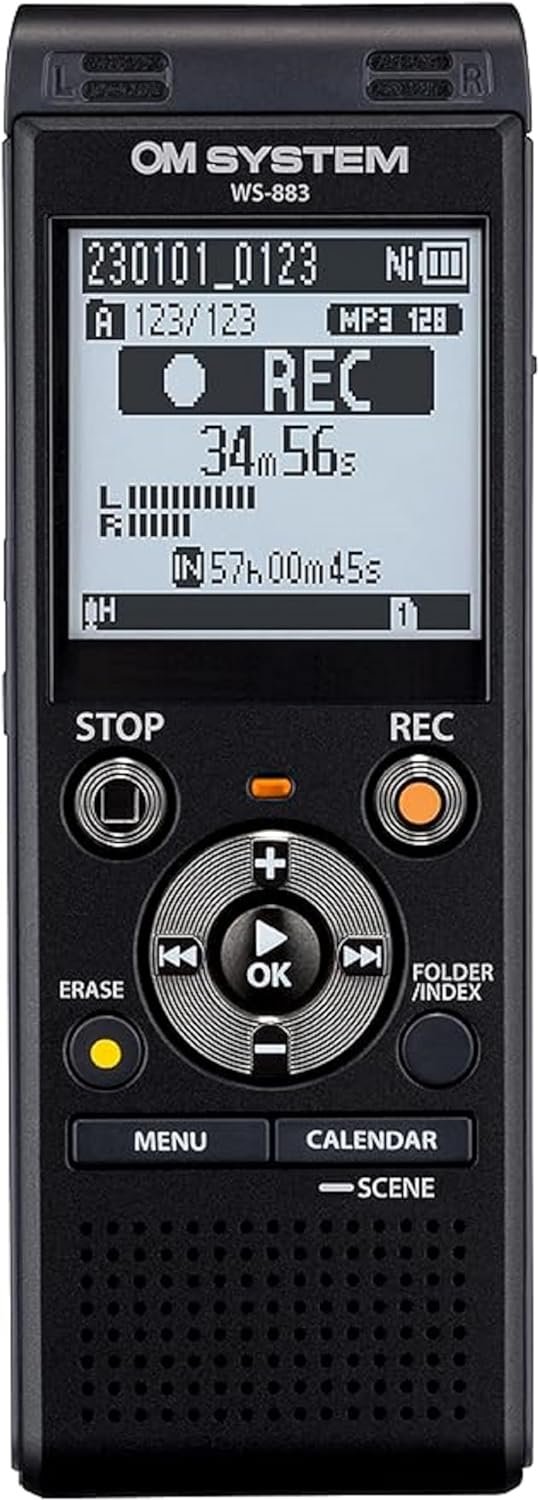 Olympus WS-883 Digital Voice Recorder, Linear PCM/MP3 Recording Formats, USB-A Battery Charging, True Stereo Microphones, Low-Cut Filter and 8GB Built-in Memory (Black)