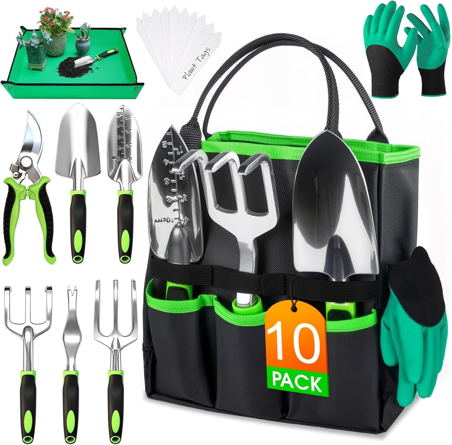 WOWBOX Garden Tools Set – 10 PCS, Heavy Duty Gardening Hand Tools Kit with Storage Tote, Rust-Resistant Gardening Supplies for Planting with Non-Slip Ergonomic Handle for Women and Men (Green)
