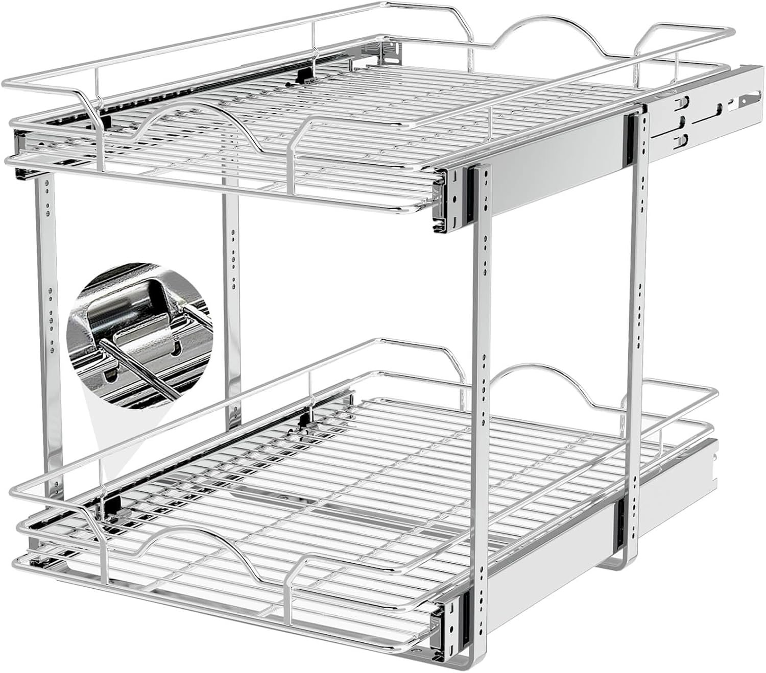 OCG 2 Tier Pull Out Cabinet Organizer (14″ W x 21″ D), Pull Out Drawers for Kitchen Cabinets, Pull Out Shelves for Base Cabinet Organization in Kitchen Bathroom Pantry, Chrome Finish