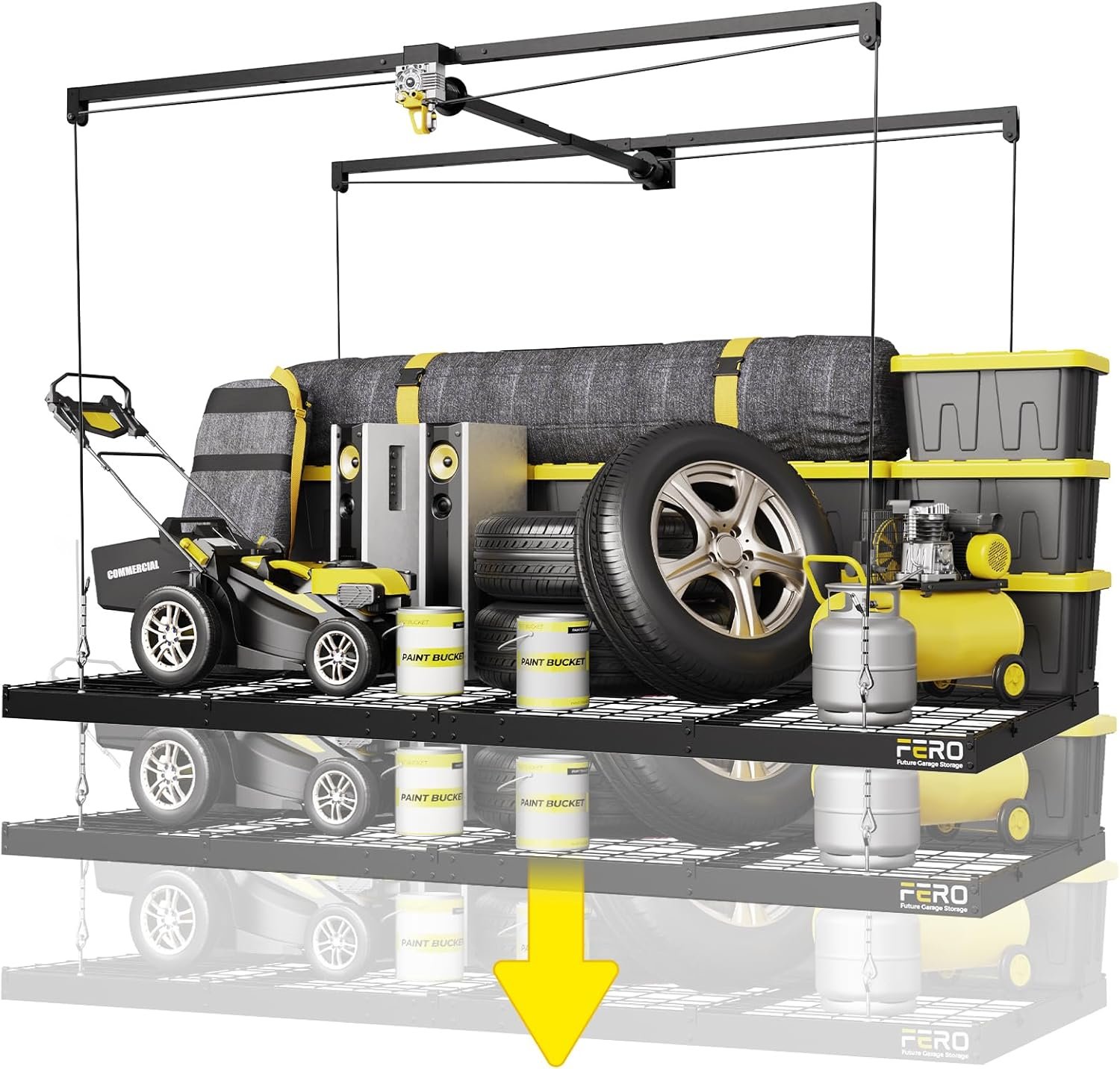 FERO Overhead Garage Storage Rack, 500 lb Capacity, 4×8 FT Garage Ceiling Storage Rack with Safety Lock, Heavy-Duty Ceiling Mounted Lift System, Drop-Down Garage Ceiling Organizer