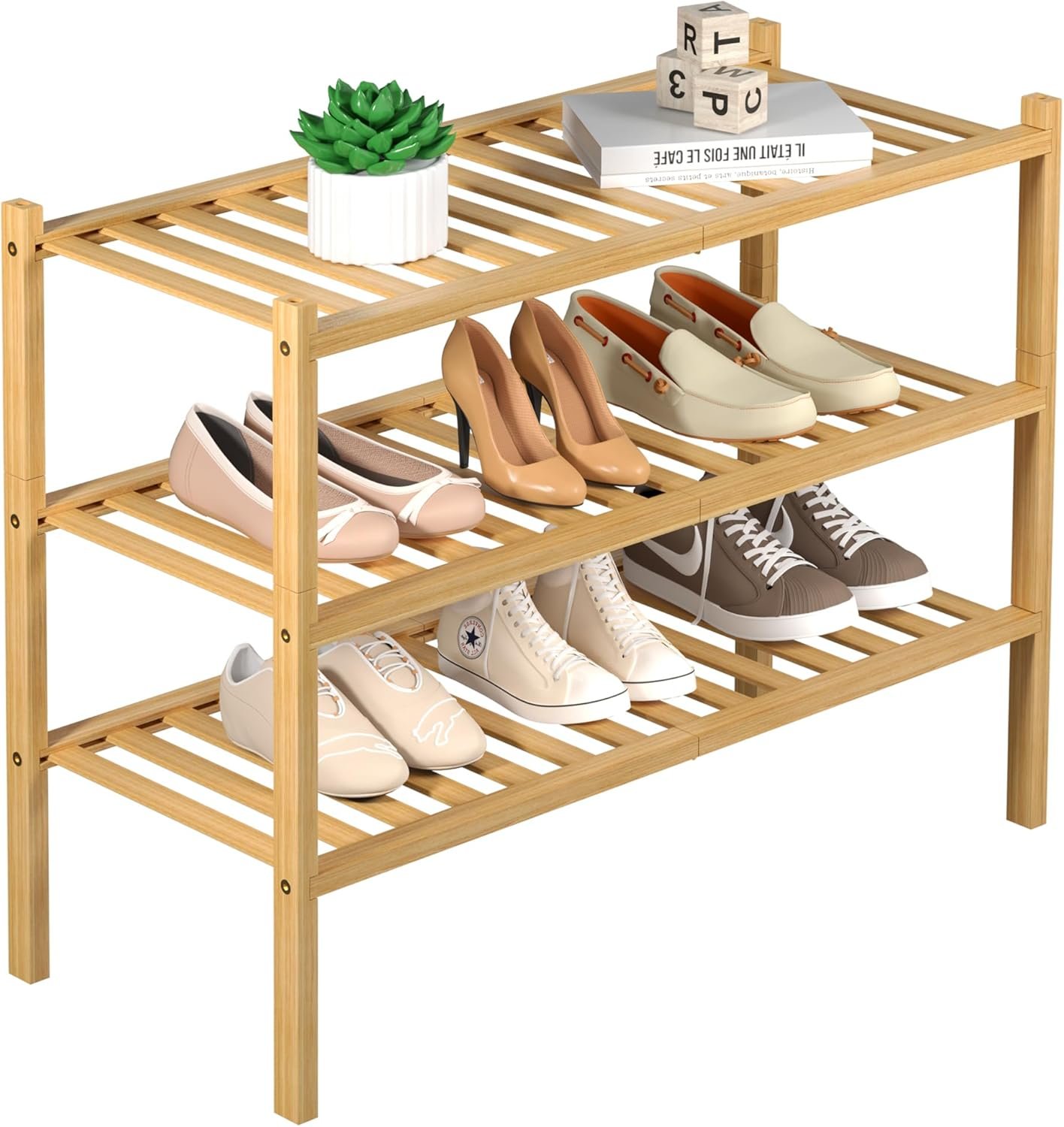 ROMGUAR CRAFT 3 Tier Bamboo Shoe Rack for Closet Free Standing Wood Shoe Shelf Storage Organizer for Entryway Small Space Stackable 27″x11″x20″ (Natural)