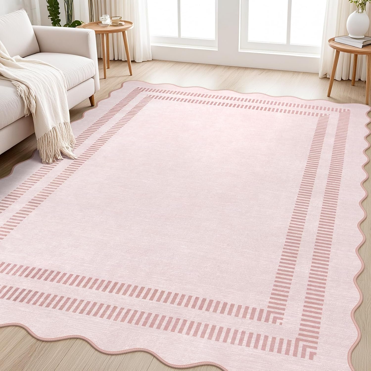 Pink Rugs for Bedroom Girls, 5×7 Washable Non Slip Area Rugs for Living Room, Soft Vintage Ultra-Thin Scalloped Carpet for Nursery Dorm Home Decor