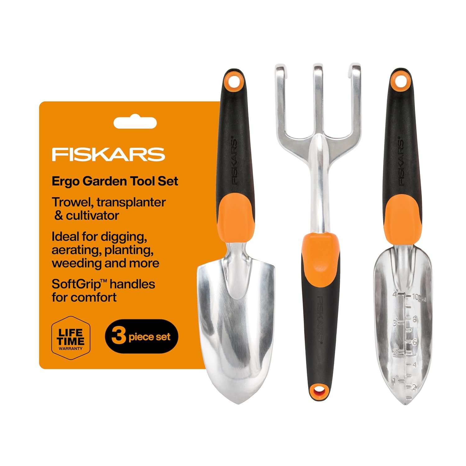 Fiskars 3-in-1 Garden Tool Set, Polished Cast-Aluminum Heads for Rust Resistance, Heavy-Duty Trowel, Transplanter & Cultivator for Digging and Planting, Non-Slip SoftGrip Handles Reduce Fatigue