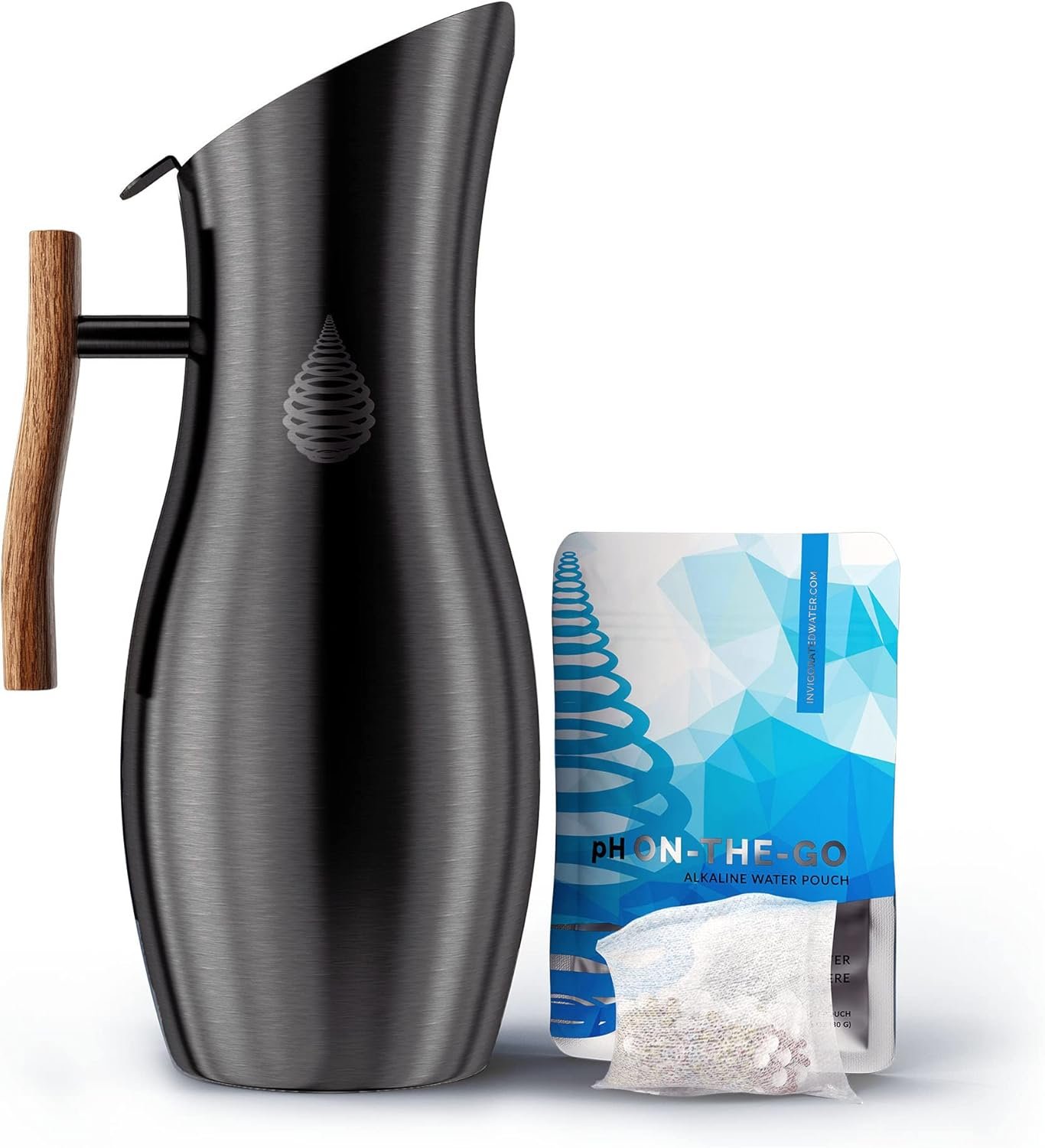 Invigorated Water pH Vitality Stainless Steel Alkaline Water Filter Pitcher – High pH Water Purifier with 1 Alkalizer Filter Pouch (400-Liter Capacity), 8-Cup (1.9L, Black)