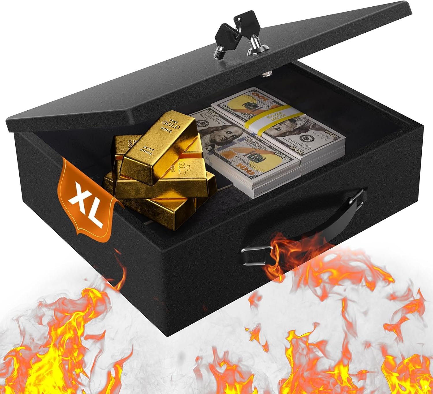Fireproof Document Box, Fire Resistant Safe Box with Key Lock for Home, Portable Fireproof Lock Box for Personal Items, Passport, Cash, Tablet, X Large 13.2″ x 11″ x 4.13″