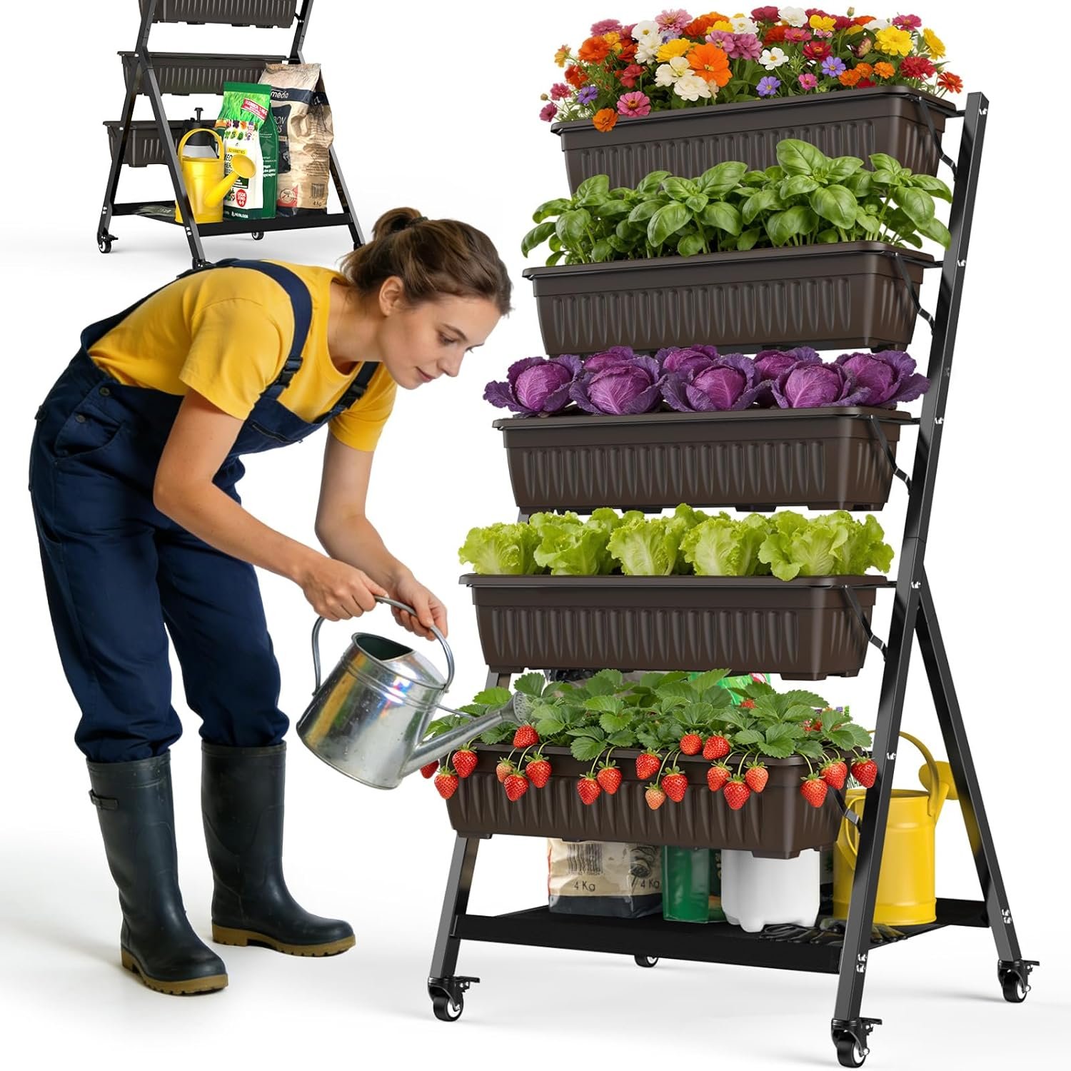 5-Tier Vertical Garden Bed Planter Boxes with Wheels, Drainage System & Storage Space, Mobile Vertical Garden Planter with 5 S-Hooks for Plants Vegetables Flowers Herbs in Garden Patio Yard