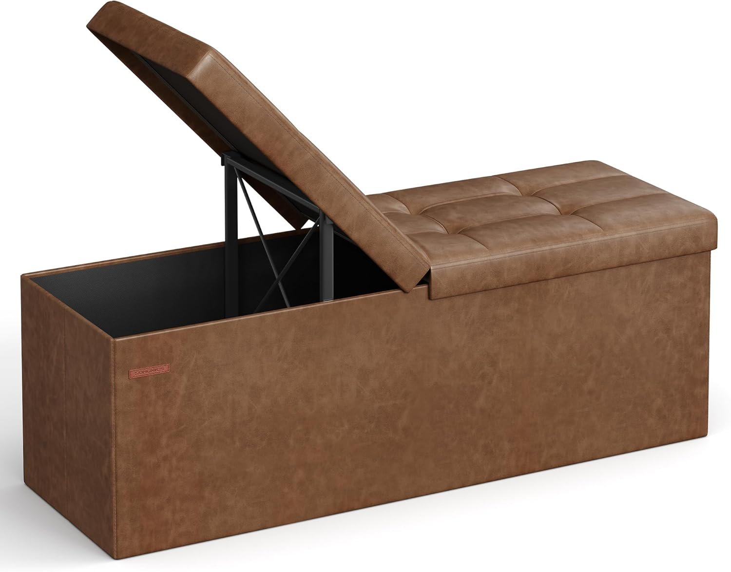 SONGMICS MAZIE Collection – 43 Inches Storage Ottoman Bench with Flipping Lid, Storage Chest with Iron Frame Support, Load 660 lb, for Living Room, Bedroom, Synthetic Leather, Coffee Brown ULSF075K01