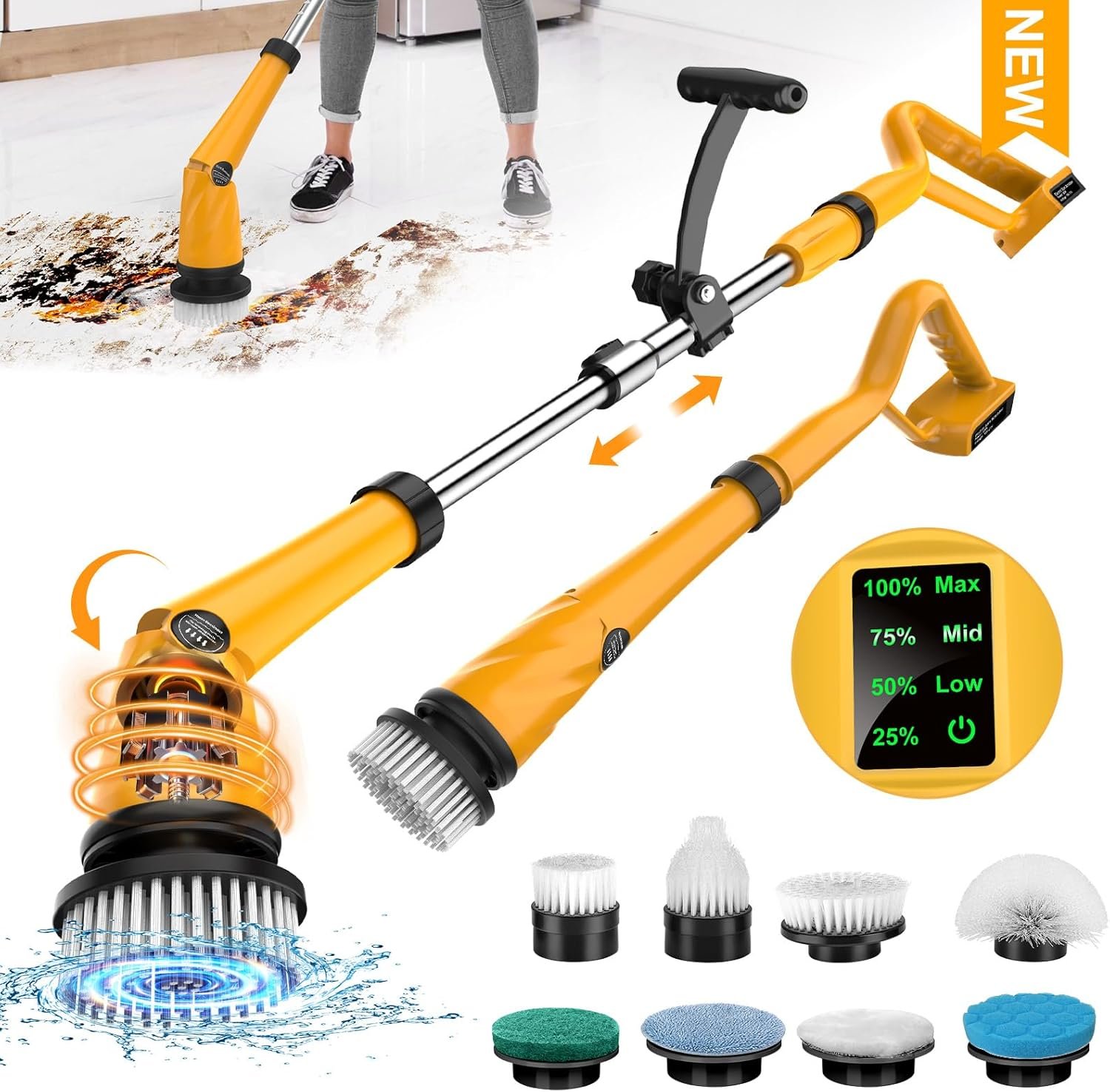 1500 RPM Electric Spin Scrubber for DeWalt 20V Battery, Power Shower Scrubber for Bathroom/Floor/Bathtub/Toilet/Tile,Electric Cleaning Brush with Long Handle & 8 Replaceable Brush (Yellow)