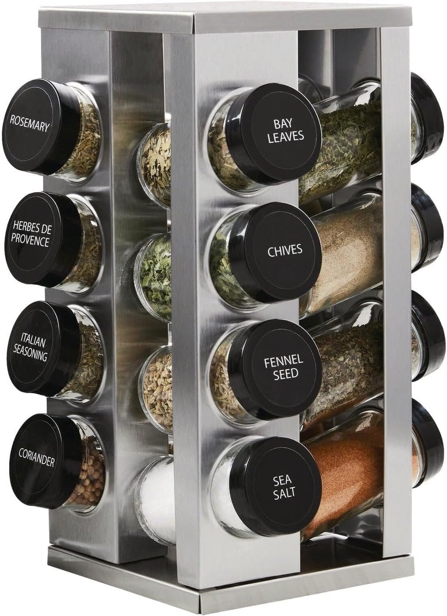 Kamenstein 16 Jar Heritage Revolving Countertop Spice Rack Organizer with Spices Included, FREE Spice Refills for 5 years, Brushed Stainless Steel with Black Caps | Revolving