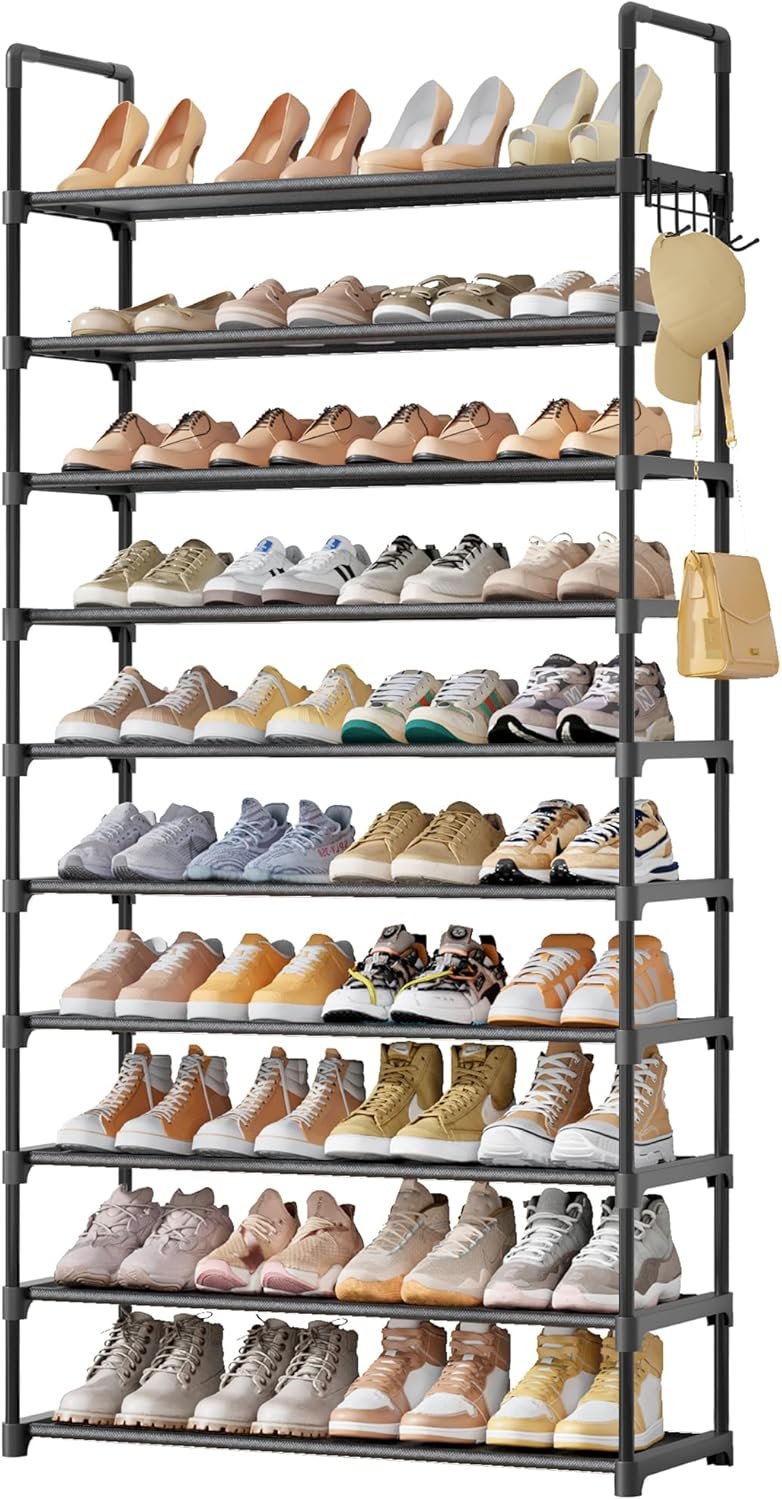 Kitsure Shoe Rack for Closet – 10-Tier Shoe Organizer with Hook Rack, Large-Capacity & Space-Saving Shoe Shelf for Entryway, Bedroom, Living Room,32.2″ x 11.8″ x 68.5″, Black