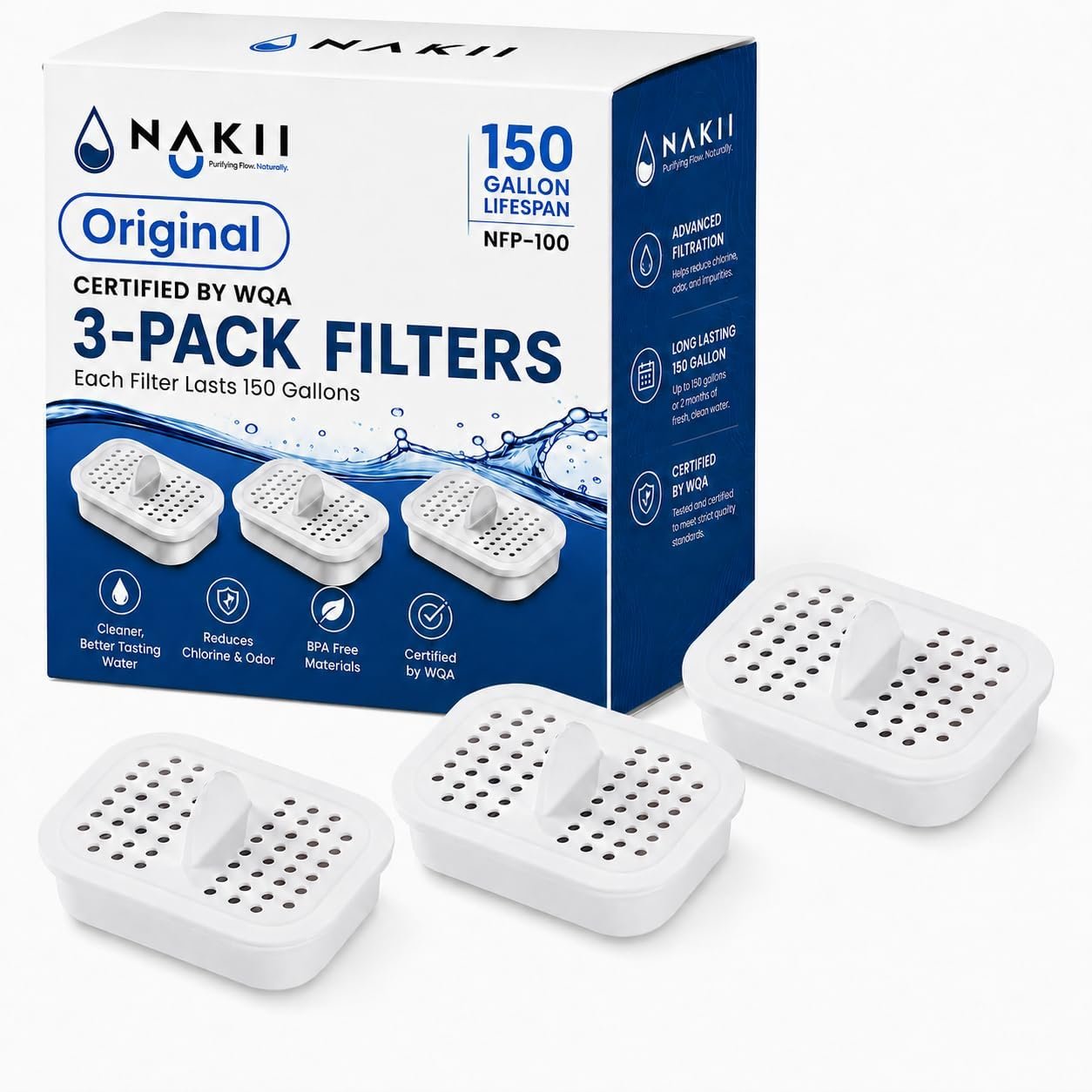 Nakii Genuine Original NFP-100 Replacement Water Filters, Official Nakii Pitcher Filter Refills, 3 Pack, WQA Certified, NSF Grade, 150-Gallon Long Life Filters, Reduces Chlorine, Mercury, Rust & More