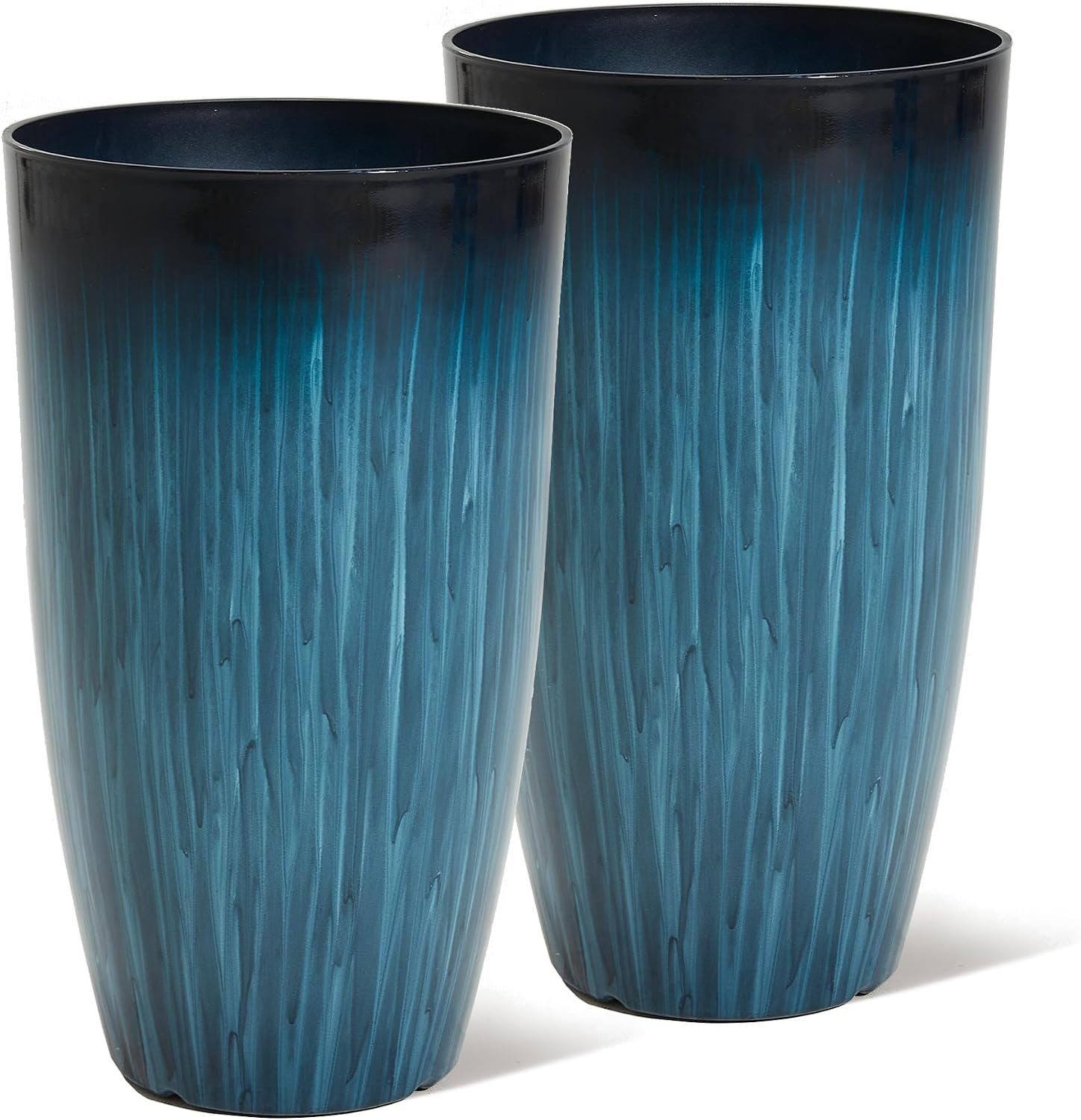 Worth Garden 23.5″ Tall Plastic Planters Set of 2 with Drainage Holes, Gradient Blue Glossy Finish, Large Lightweight Round Plant Pots for Indoor Outdoor Use, Decorative Flower Pots for Front Porch