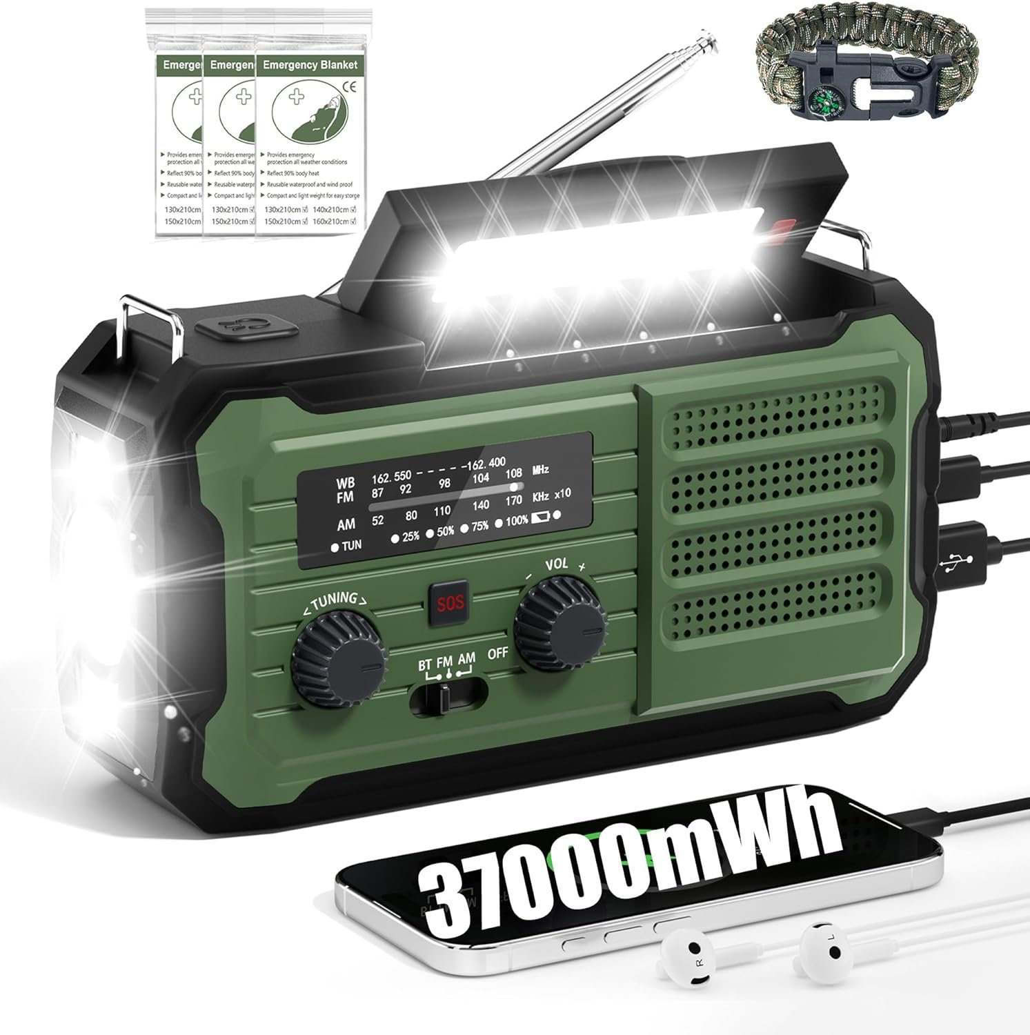 Emergency Radio Hand Crank Solar, 10000mAh/37000mWh Emergency Weather Radio, Hand Crank Solar Radios with NOAA/AM/FM, Thermal Blanket, Survival Bracelet, for Home & Outdoor