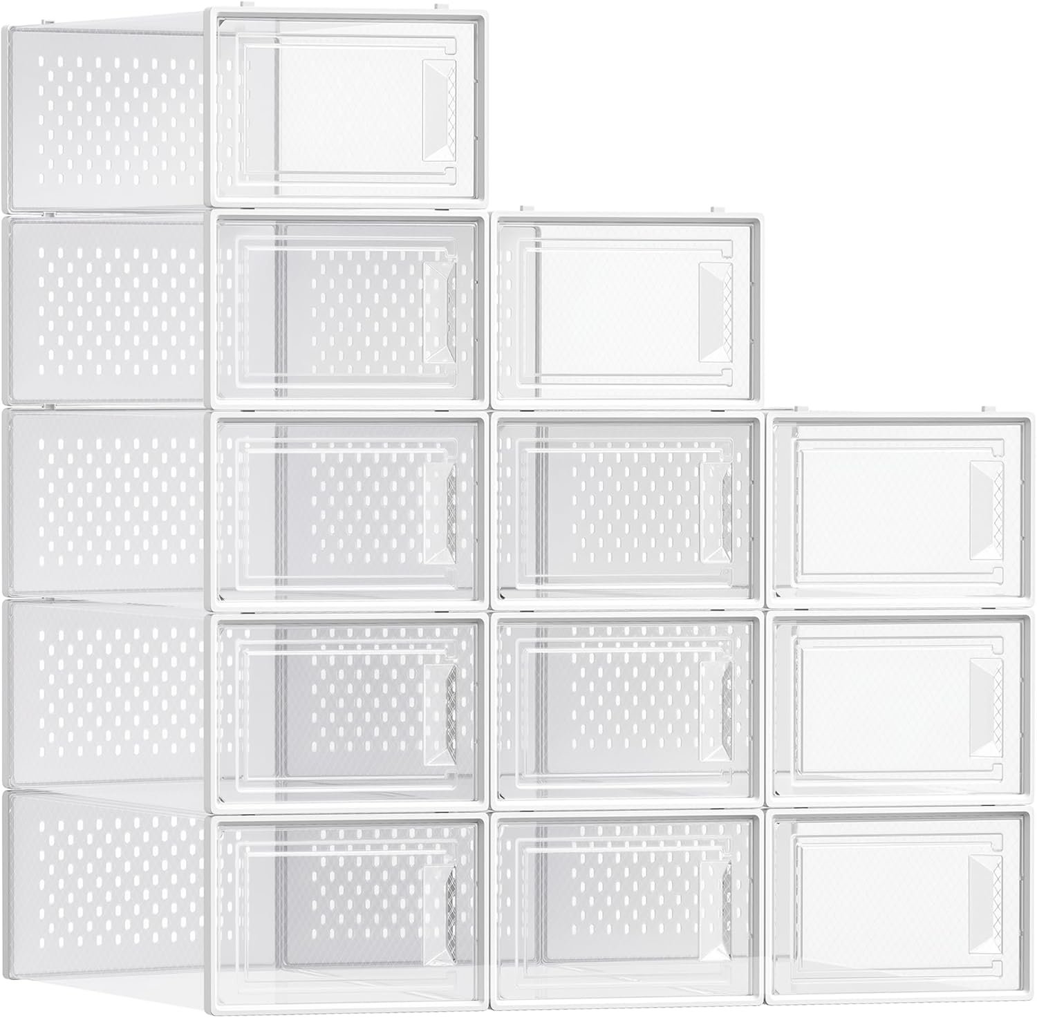SONGMICS Shoe Boxes, Pack of 12 Shoe Storage Organizers, Stackable Clear Plastic Boxes for Closet, Sneakers, 13.1 x 9.1 x 5.6 Inches, Transparent and White ULSP12SWT