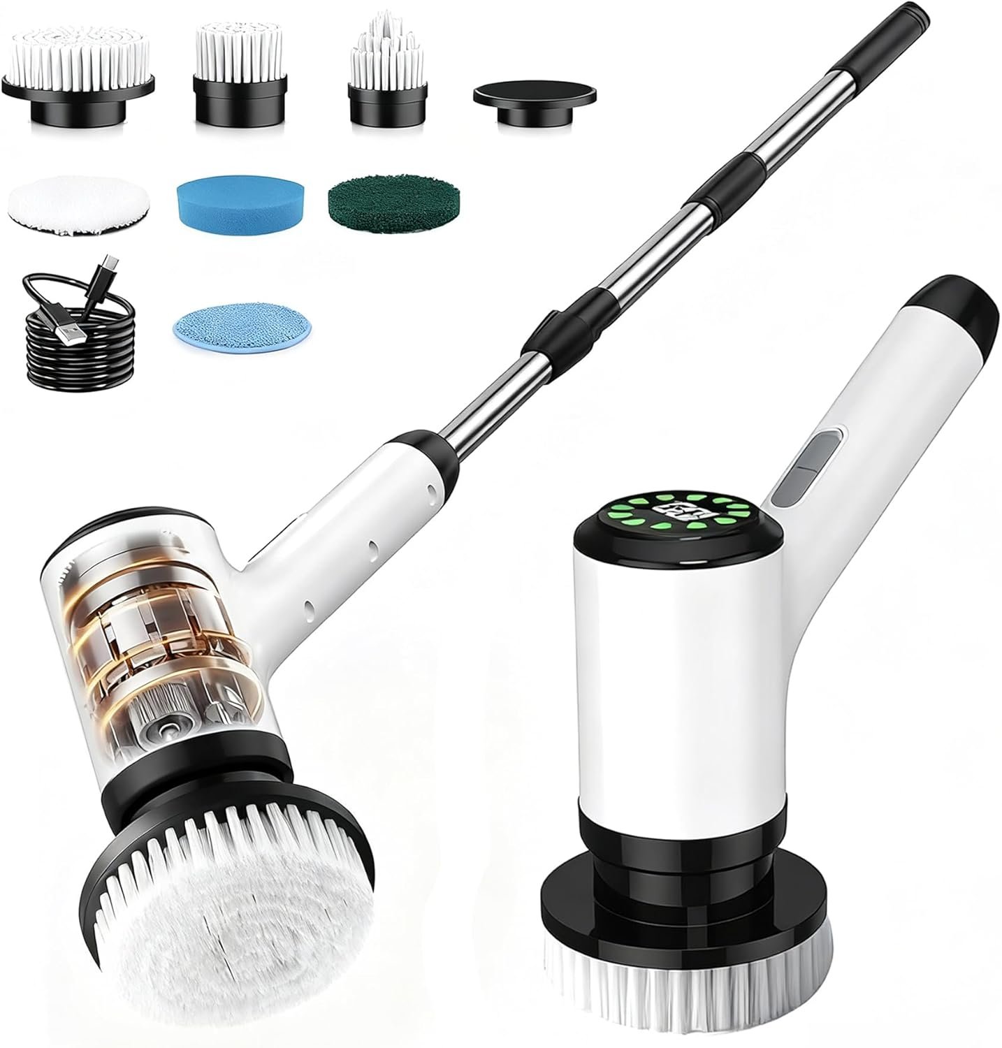Electric Spin Scrubber, Cordless Bathroom Scrubber with 7 Brush Heads, Adjustable Long Handle Shower Scrubber for Tile Grout, Kitchen Sink, Tub, Floor, Car Wheel, White-te1