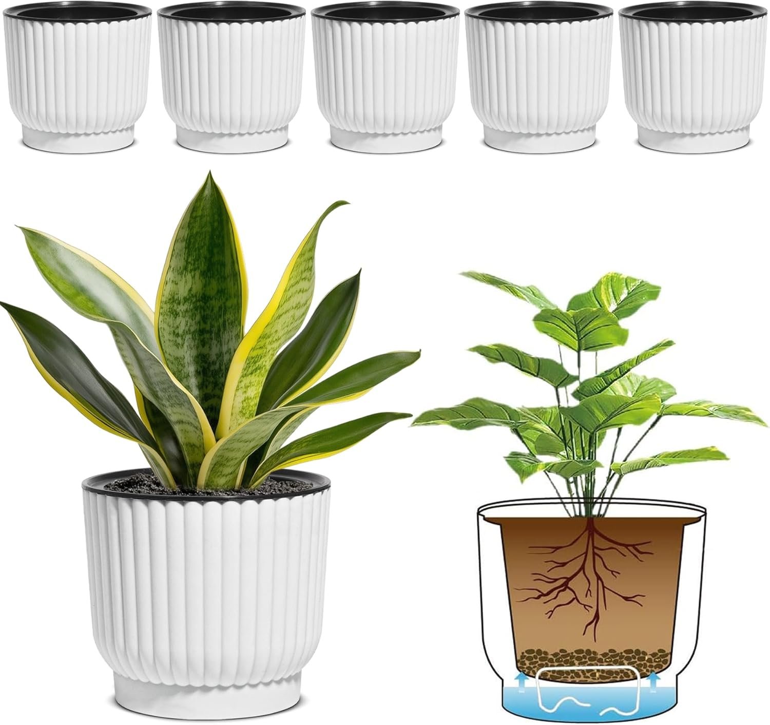 T4U 6 Inch Self Watering Pots for Indoor Plants, 6 Pack Plant Pots, Self Watering Planter for Indoor Plants, Durable Plastic Pots, Flower, Succulents (6 Pack, 6″, White)