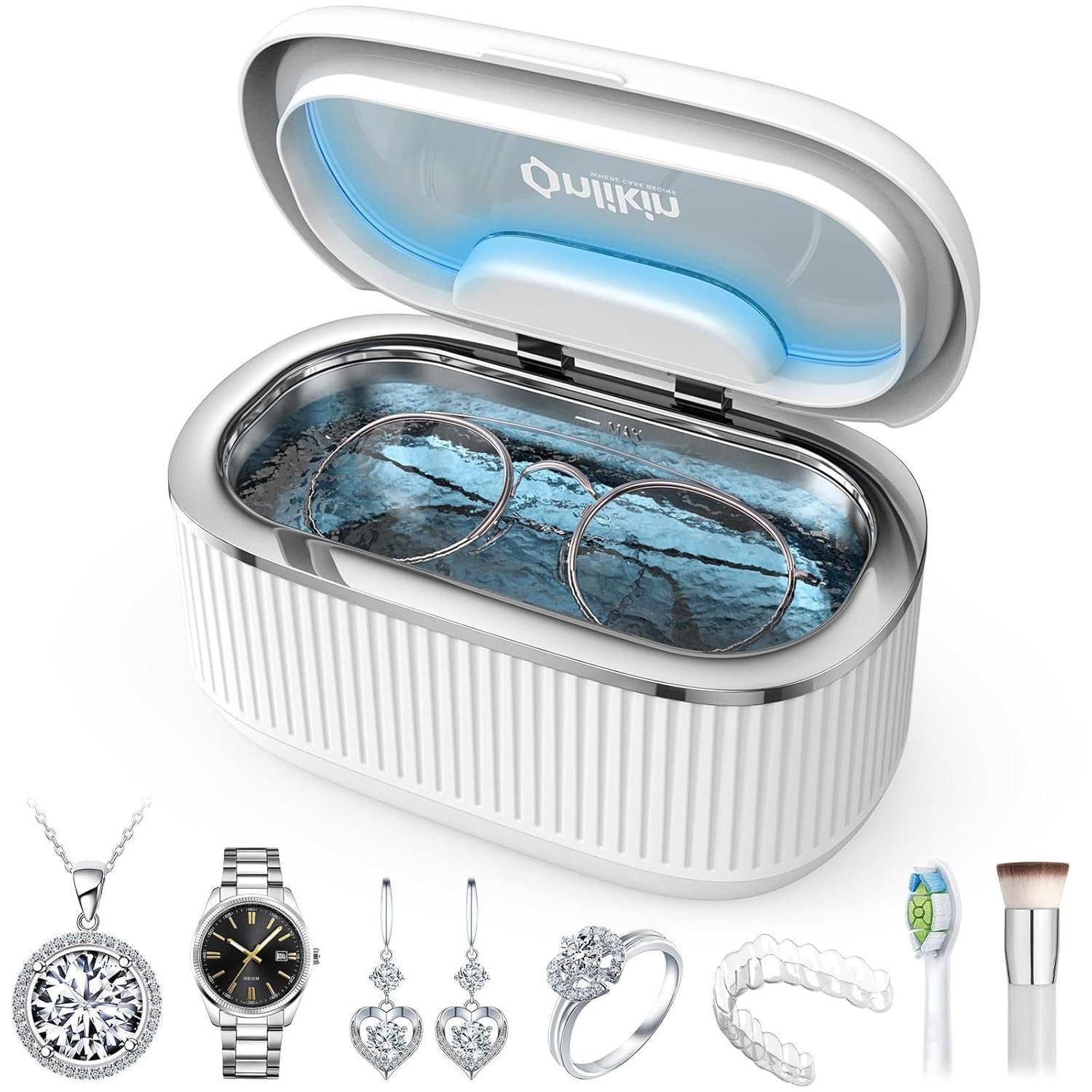 35W Ultrasonic Jewelry Cleaner, 45KHz Retainer Cleaner for Jewelry, 5 Timer & 3 Power Modes, Eyeglasses, Rings, Watch Strap, Dentures – 20oz, 304 Stainless Steel Tank, Quiet