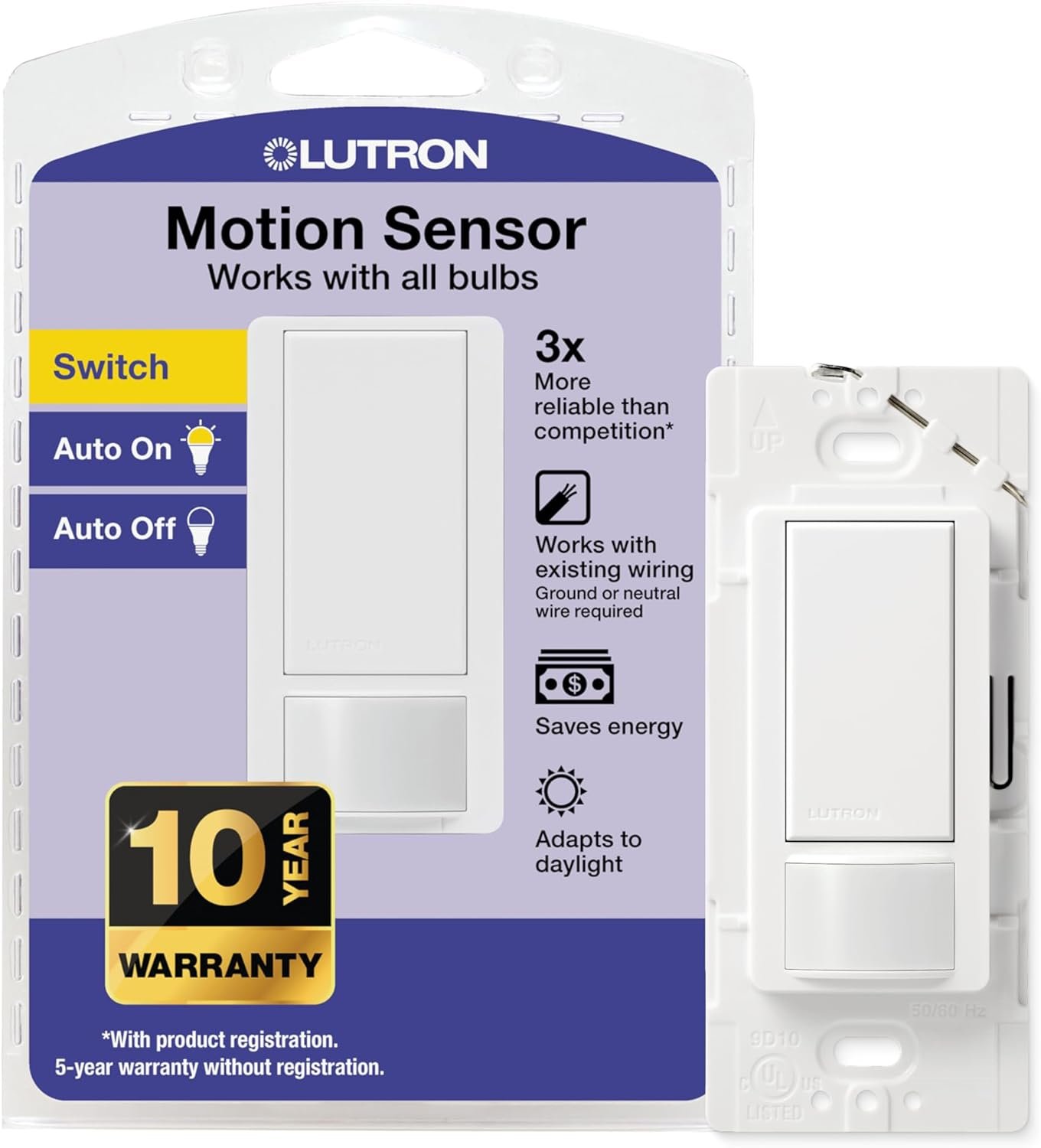 Lutron Maestro Motion Sensor Light Switch Indoor for Bathroom, Garage, Laundry Room, Any Bulbs, Occupancy and Vacancy Sensor, Single-Pole, MS-OPS2-WH, White